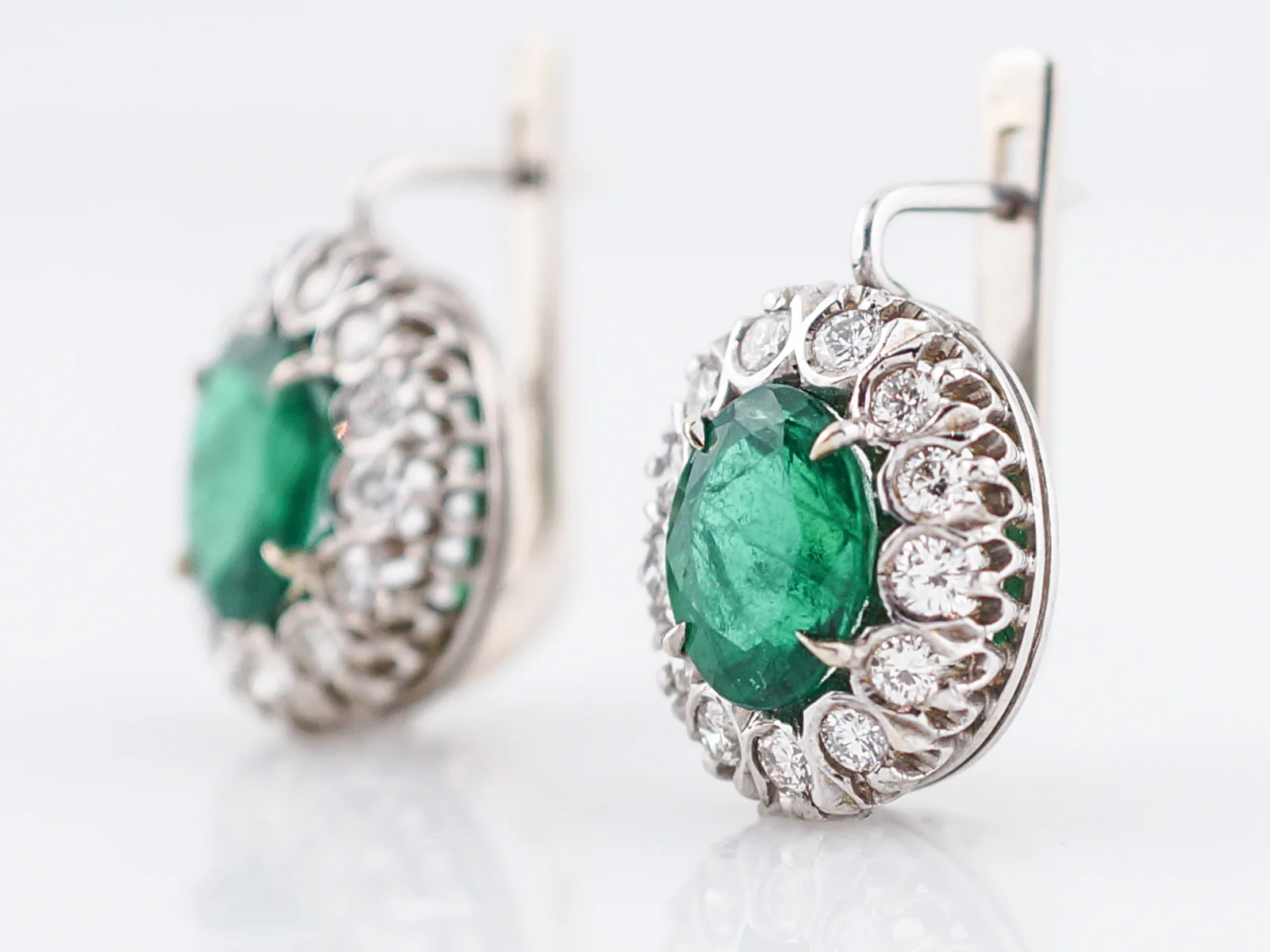 Vintage Earrings Mid-Century 3.30 Oval Cut Emeralds & .90 Round Brilliant Cut Diamonds in 18k White Gold - Image 2