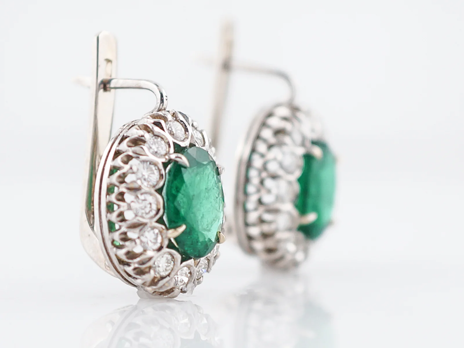 Vintage Earrings Mid-Century 3.30 Oval Cut Emeralds & .90 Round Brilliant Cut Diamonds in 18k White Gold - Image 3