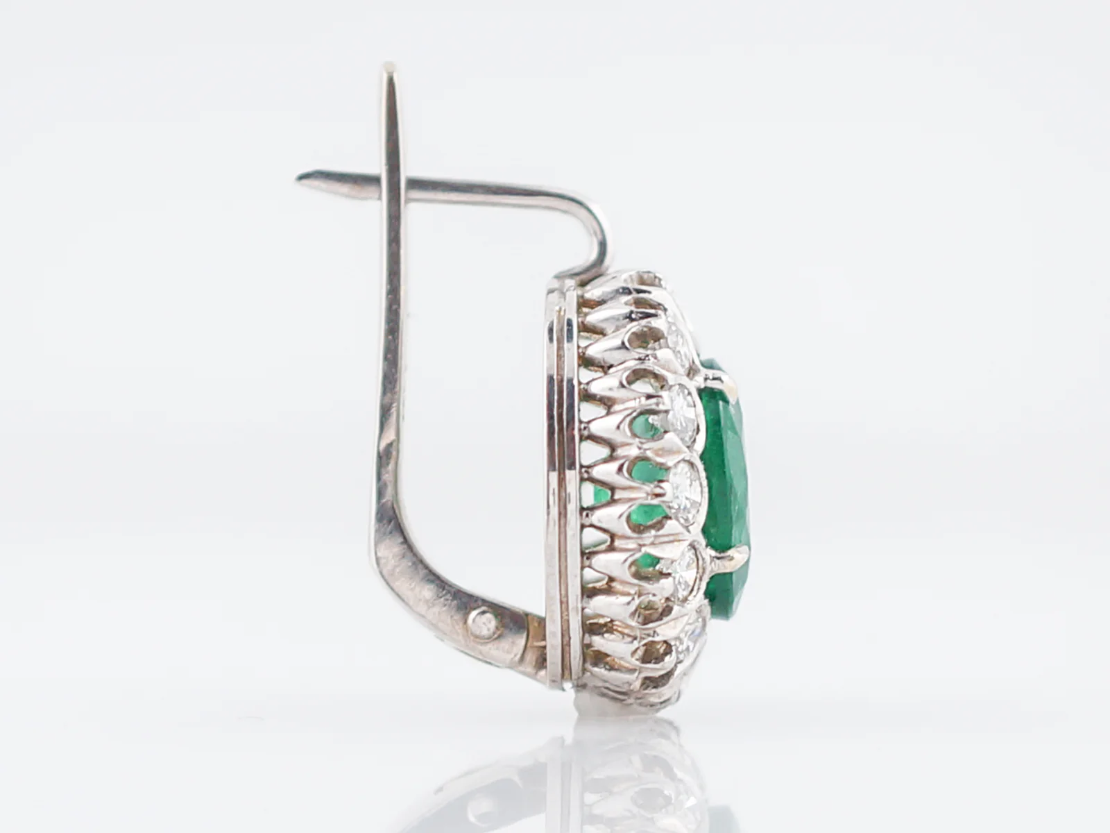 Vintage Earrings Mid-Century 3.30 Oval Cut Emeralds & .90 Round Brilliant Cut Diamonds in 18k White Gold - Image 4