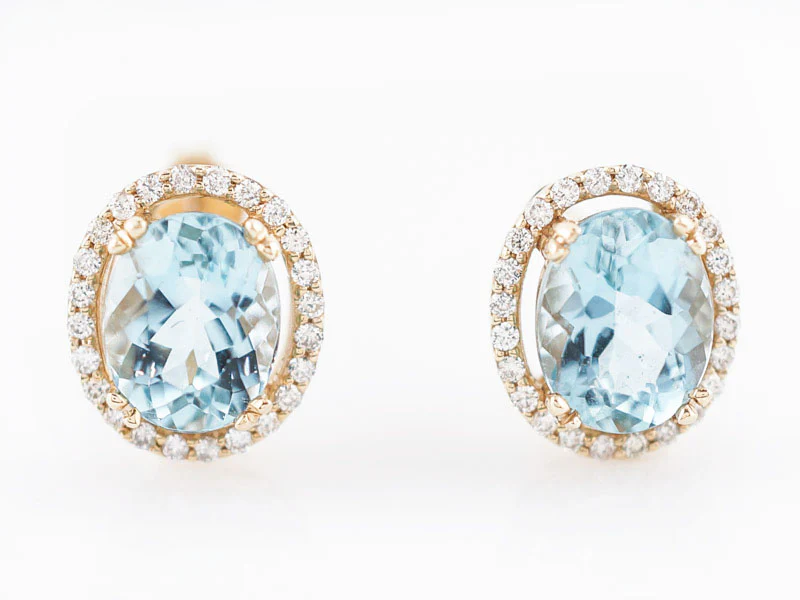 Vintage Earrings Mid-Century 3.93 Oval Cut Aquamarine & .31 Round Brilliant Cut Diamonds in 14k Yellow Gold