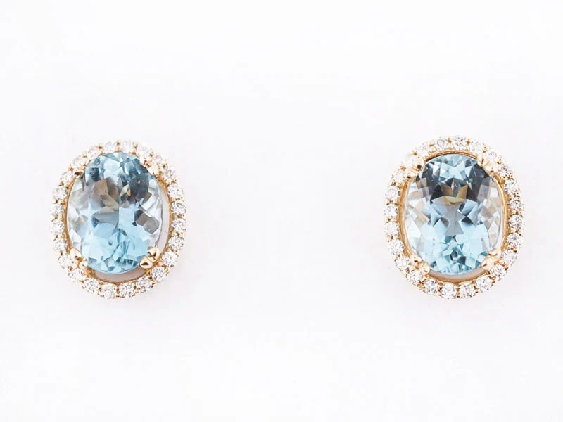 Vintage Earrings Mid-Century 3.93 Oval Cut Aquamarine & .31 Round Brilliant Cut Diamonds in 14k Yellow Gold - Image 2