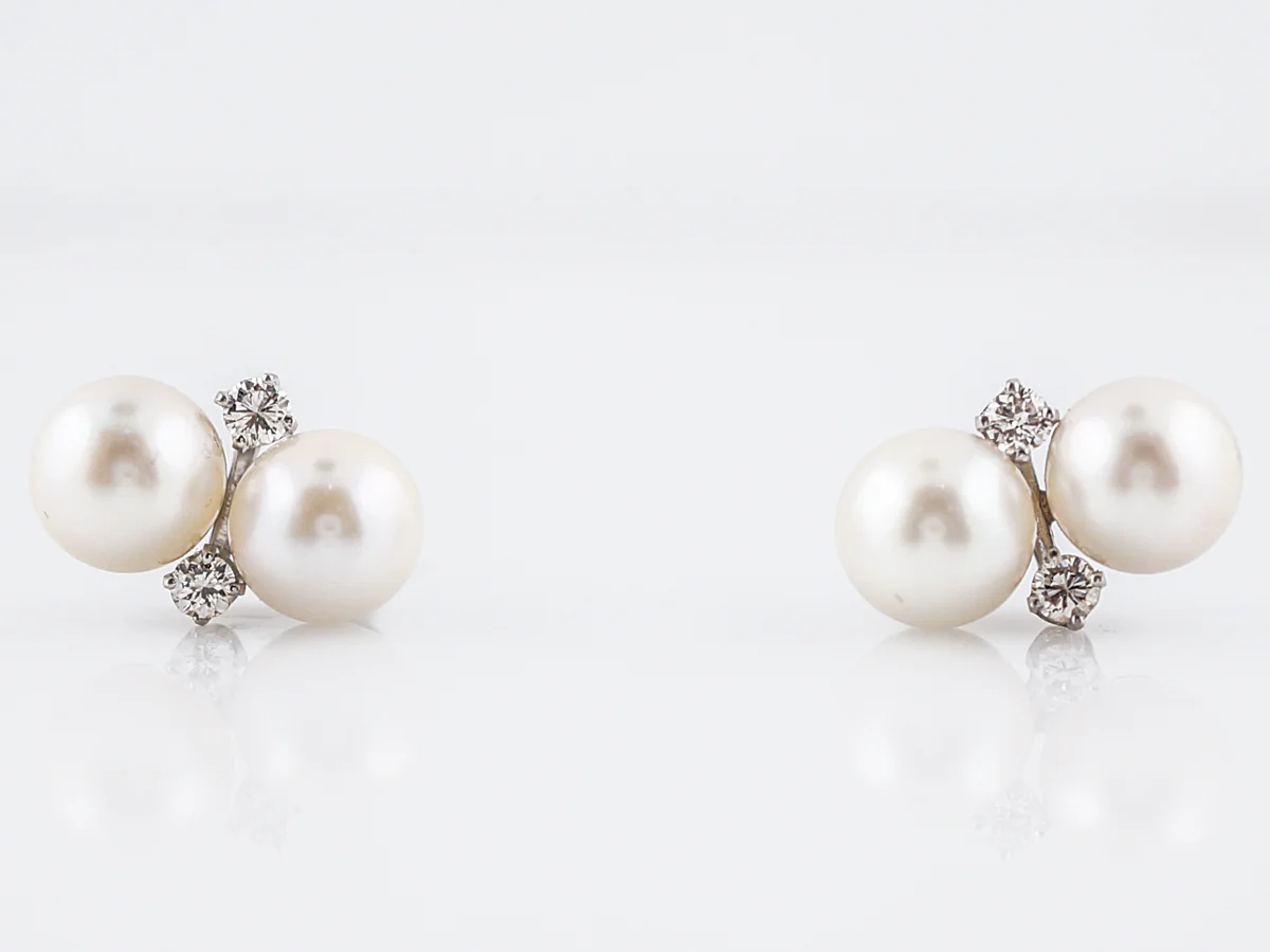 Vintage Earrings Mid-Century Akoya Pearl & .28 Round Brilliant Cut Diamonds in 14k White Gold