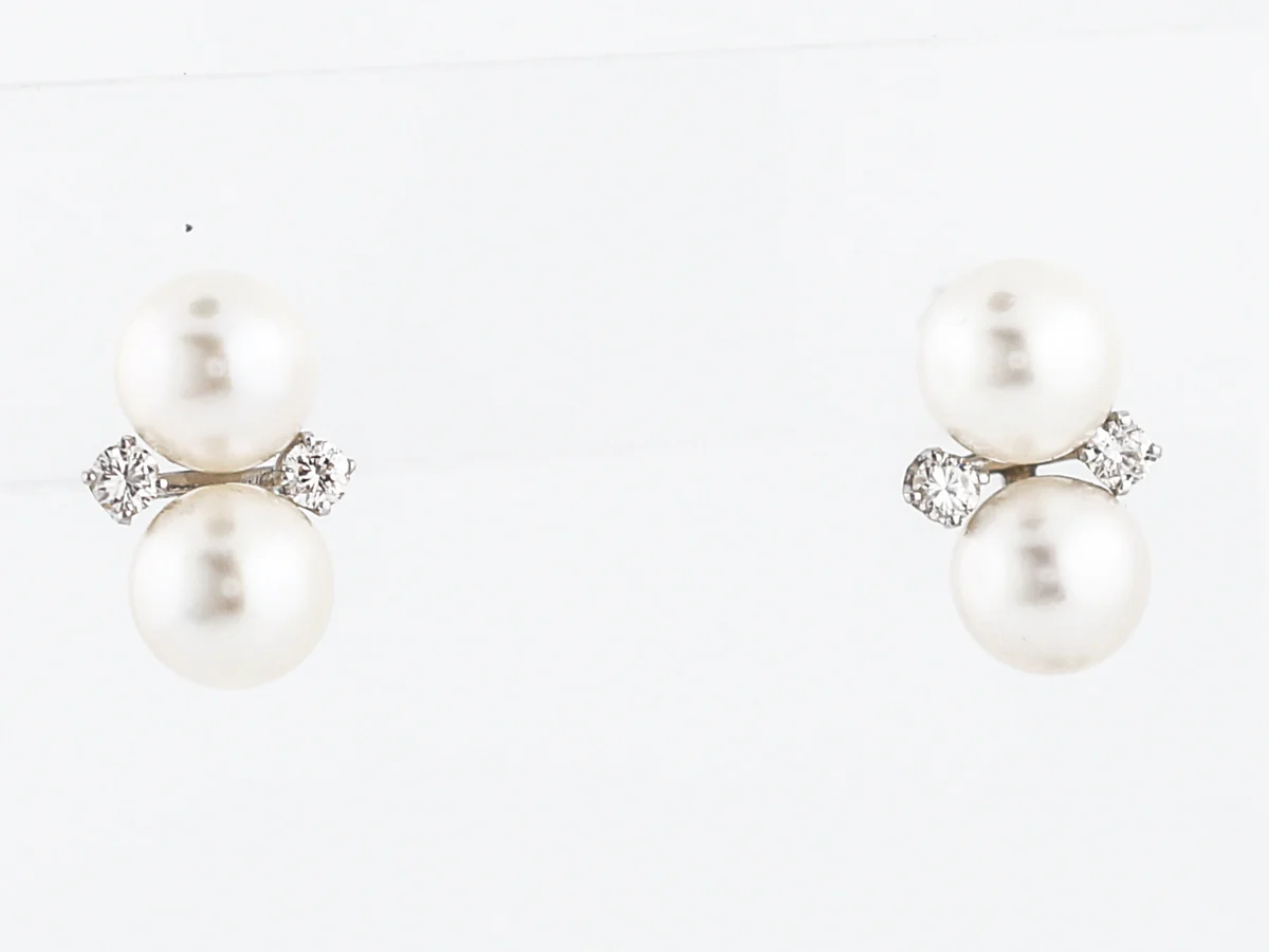 Vintage Earrings Mid-Century Akoya Pearl & .28 Round Brilliant Cut Diamonds in 14k White Gold - Image 2