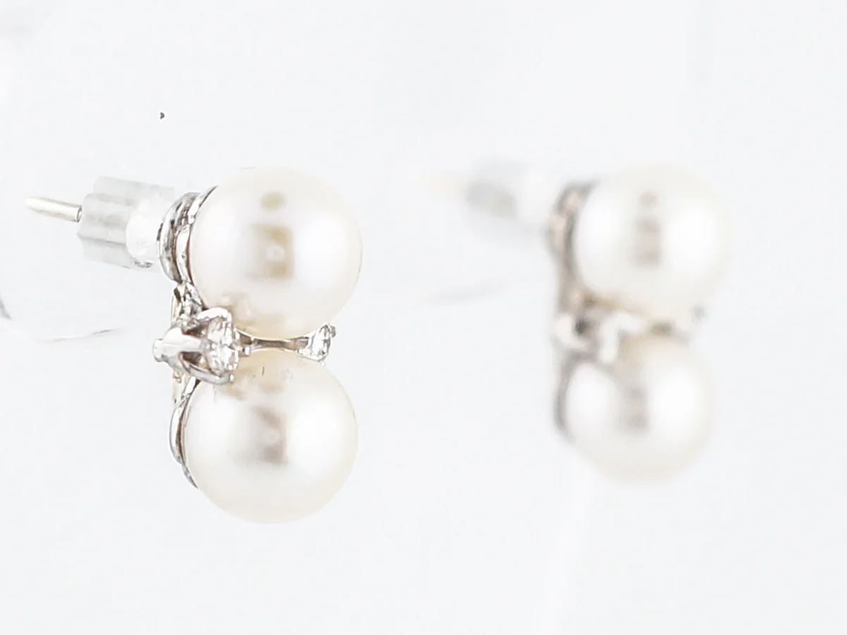 Vintage Earrings Mid-Century Akoya Pearl & .28 Round Brilliant Cut Diamonds in 14k White Gold - Image 3