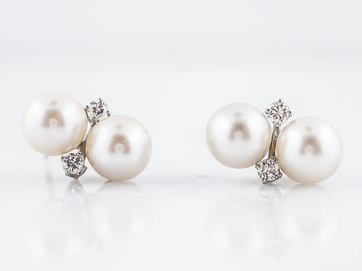 Vintage Earrings Mid-Century Akoya Pearl & .28 Round Brilliant Cut Diamonds in 14k White Gold - Image 4