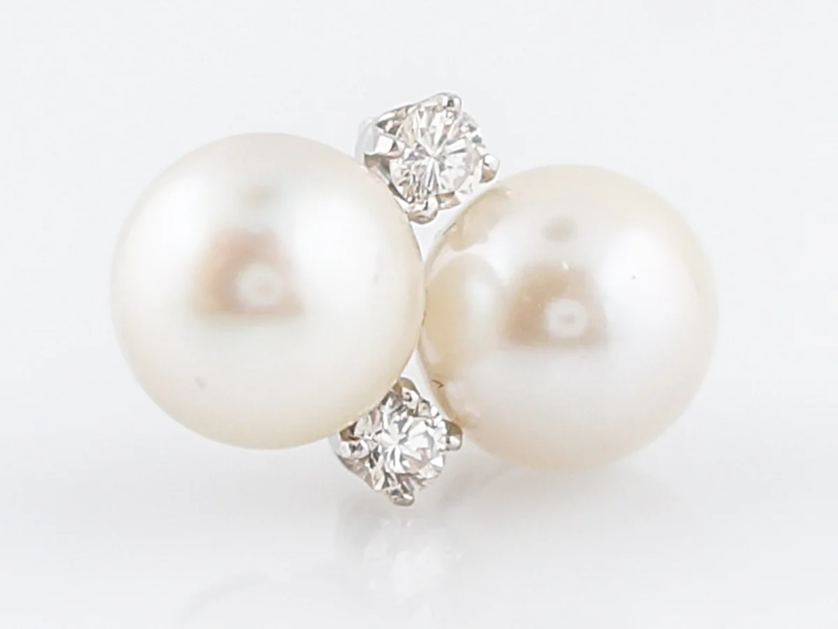 Vintage Earrings Mid-Century Akoya Pearl & .28 Round Brilliant Cut Diamonds in 14k White Gold - Image 5