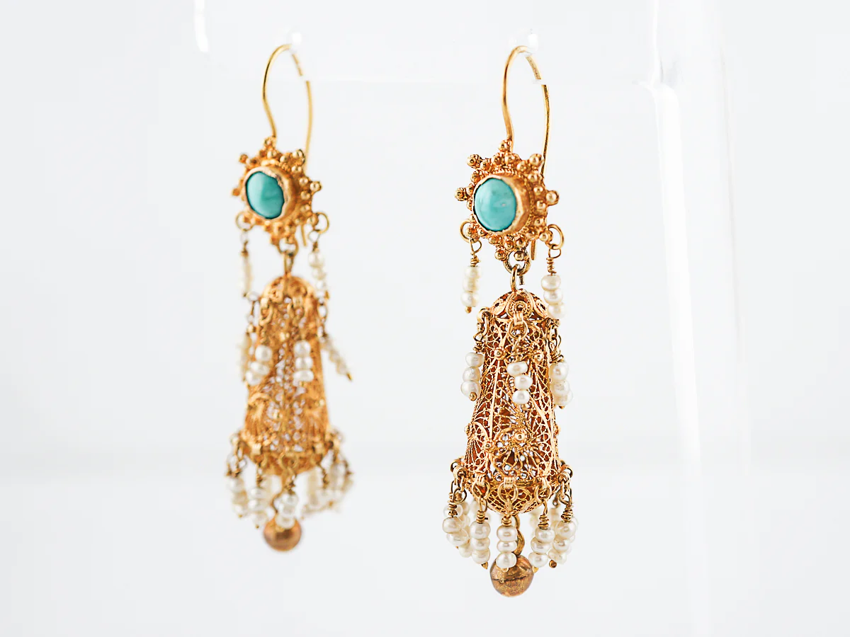 Vintage Earrings Mid-Century Cabochon Cut Turquoise & Seed Pearls in 18k Yellow Gold - Image 2