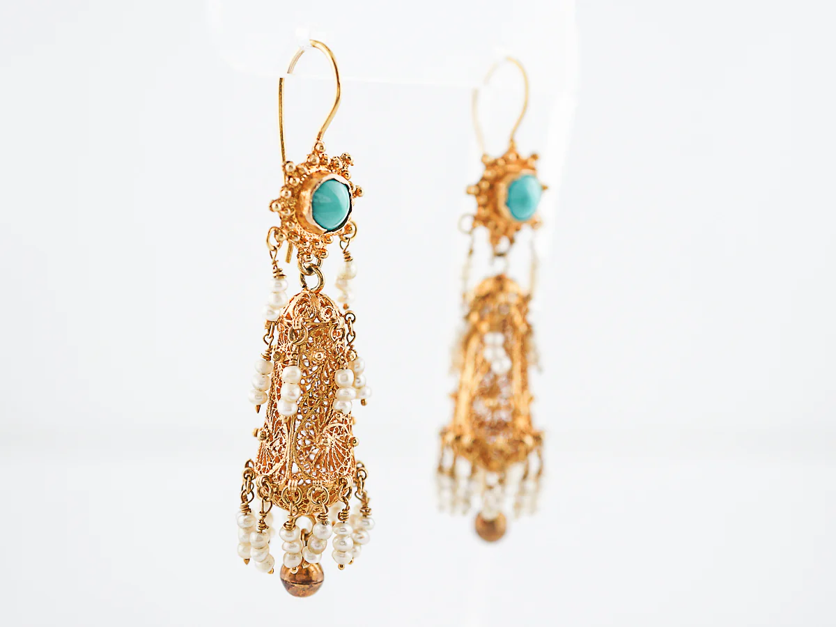 Vintage Earrings Mid-Century Cabochon Cut Turquoise & Seed Pearls in 18k Yellow Gold - Image 3