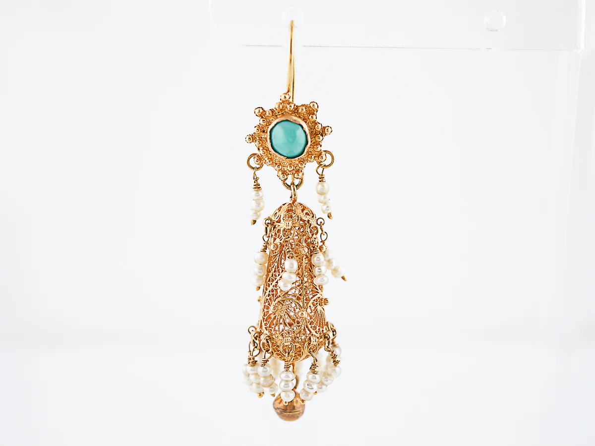 Vintage Earrings Mid-Century Cabochon Cut Turquoise & Seed Pearls in 18k Yellow Gold - Image 4
