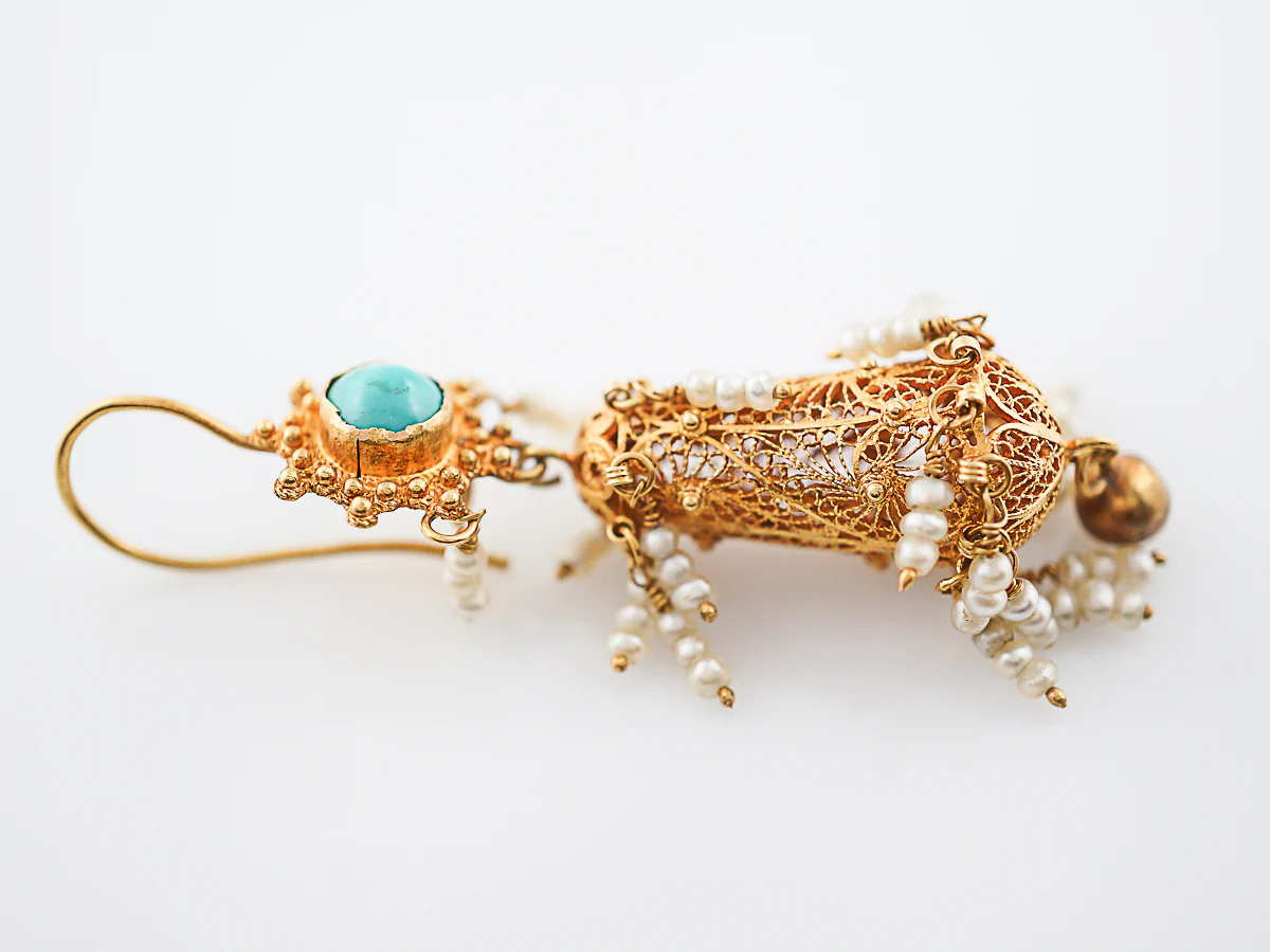 Vintage Earrings Mid-Century Cabochon Cut Turquoise & Seed Pearls in 18k Yellow Gold - Image 6