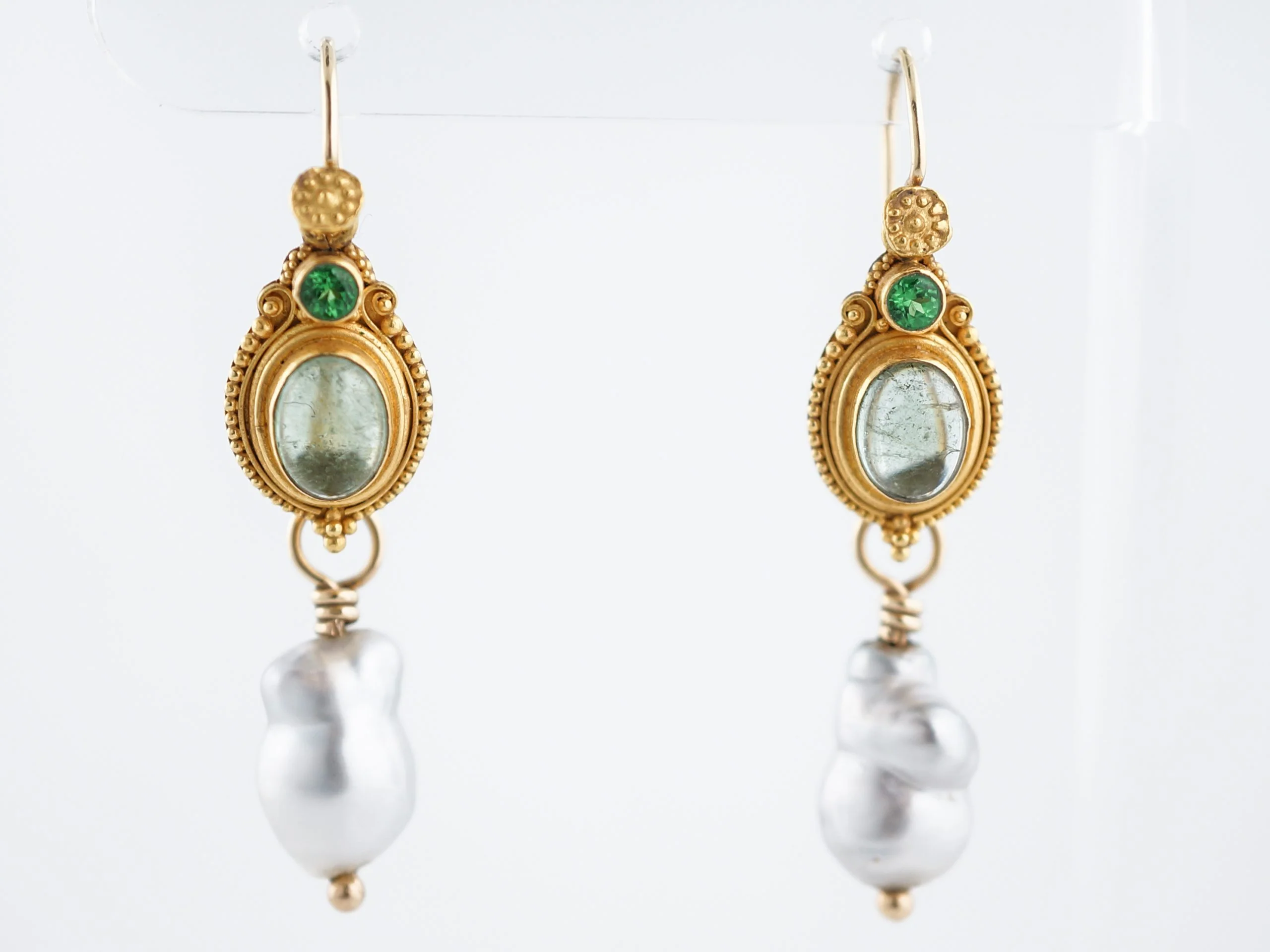 Vintage Earrings Mid-Century Tourmaline & Pearl in 22k Yellow Gold