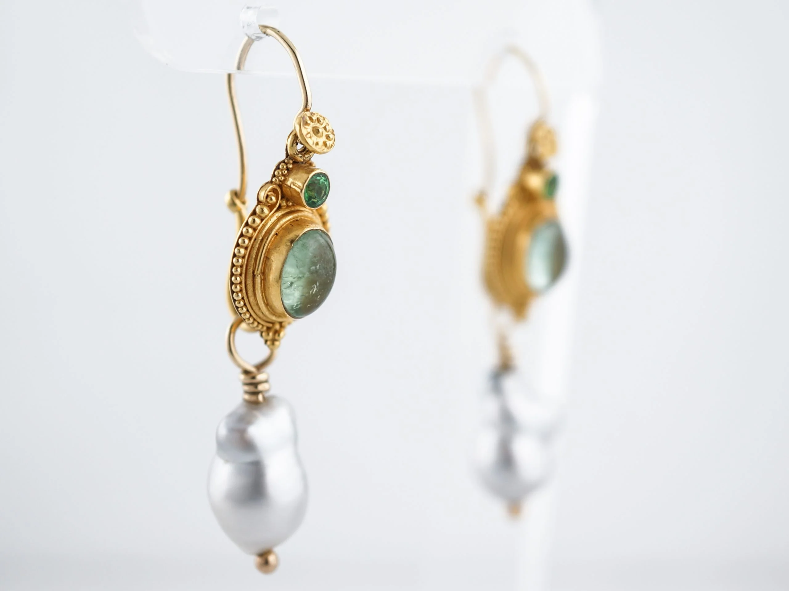 Vintage Earrings Mid-Century Tourmaline & Pearl in 22k Yellow Gold - Image 2