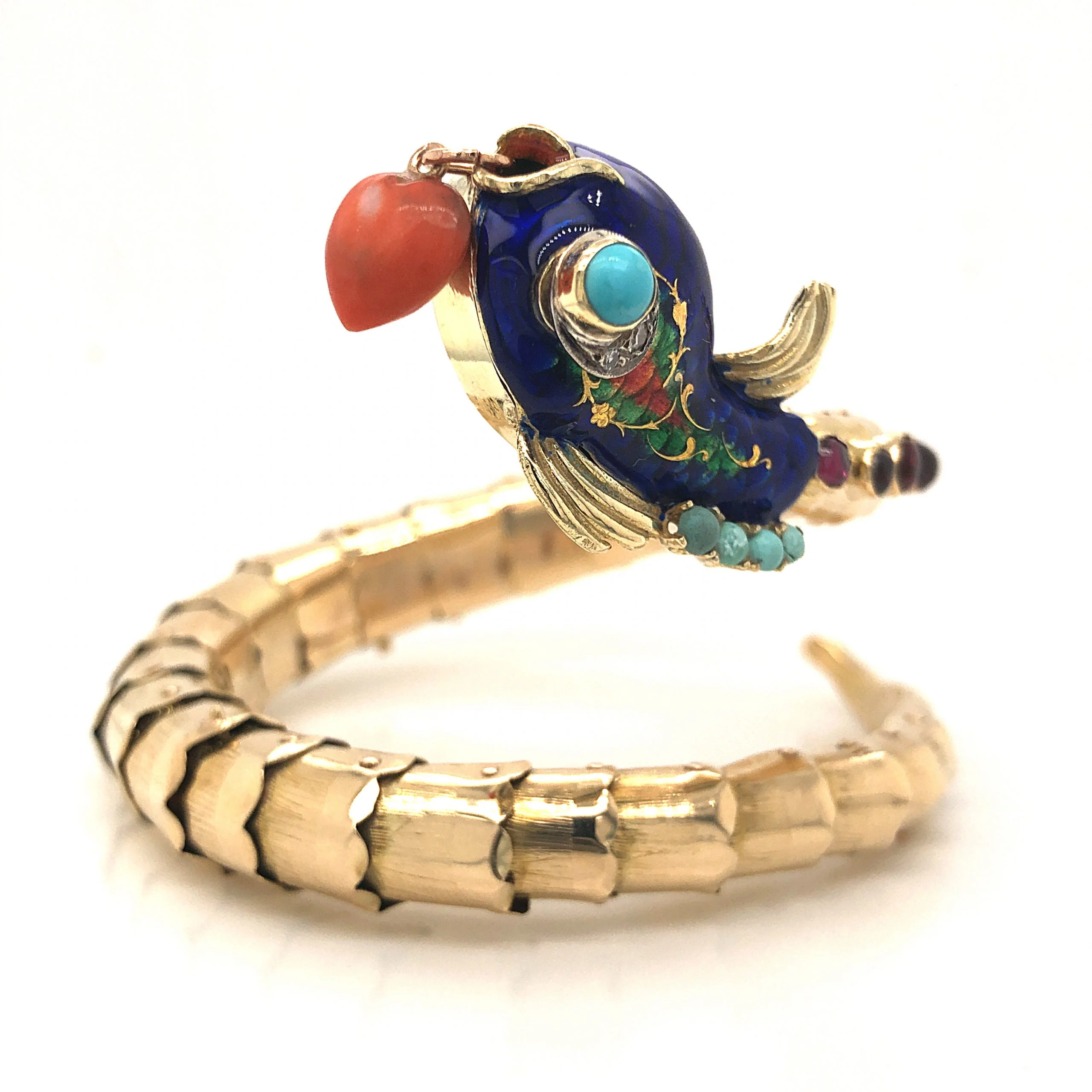 Vintage Enamel Fish Bracelet w/Diamonds in 14k Yellow Gold - Image 3