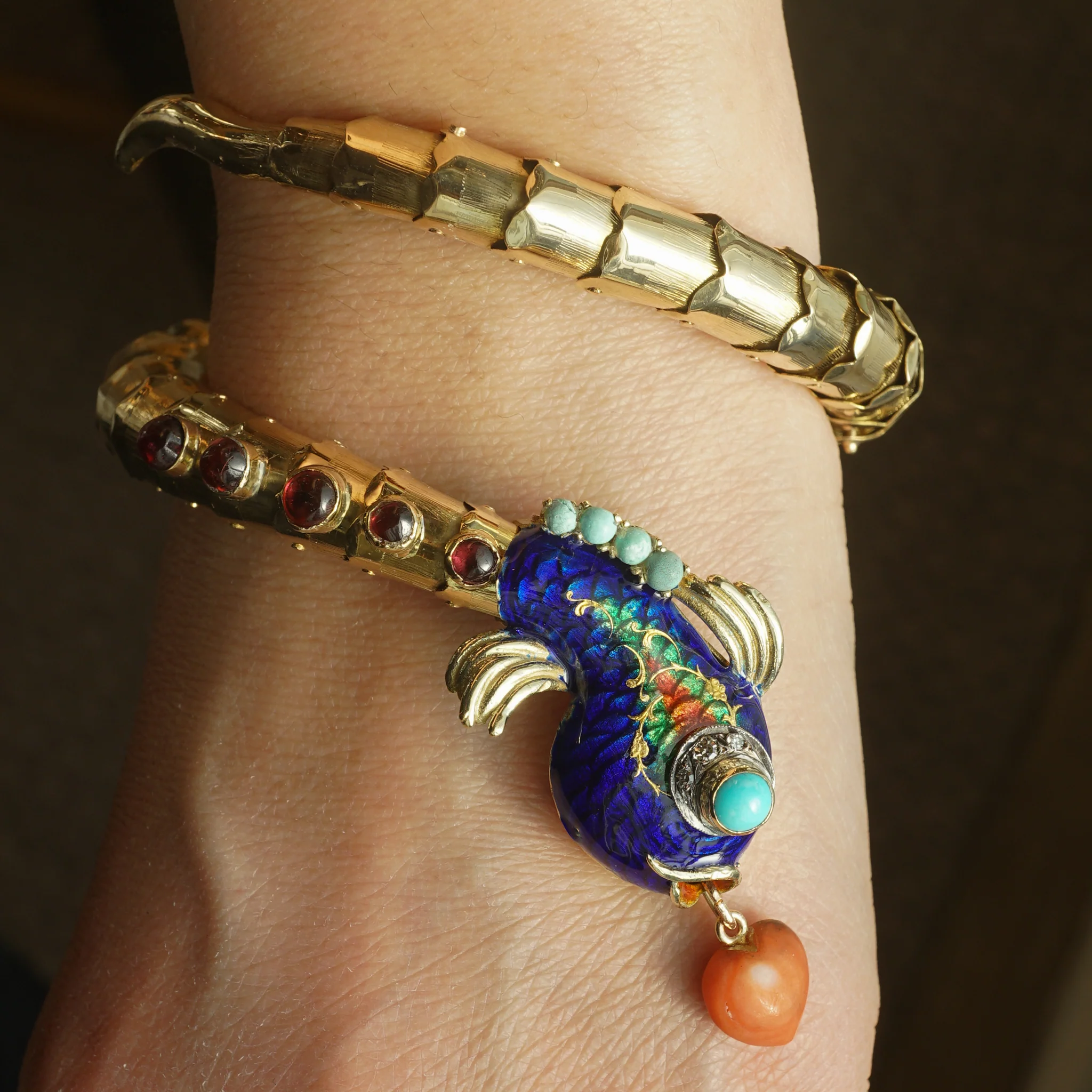 Vintage Enamel Fish Bracelet w/Diamonds in 14k Yellow Gold - Image 4