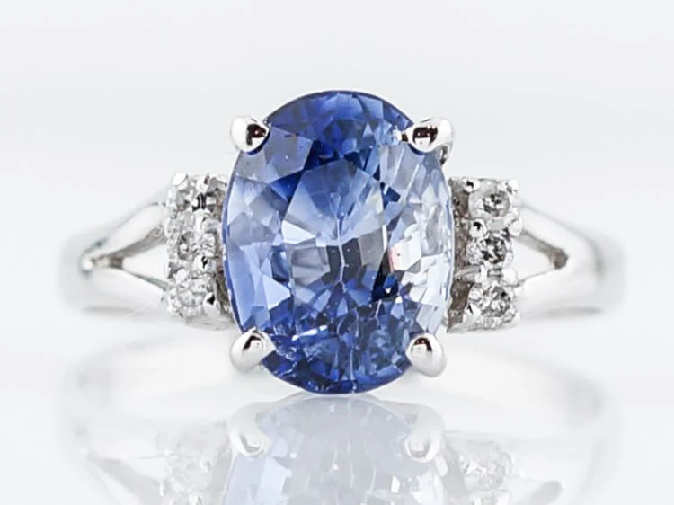 Vintage Engagement Ring Mid-Century 3.32 Oval Cut Sapphire in 14k White Gold