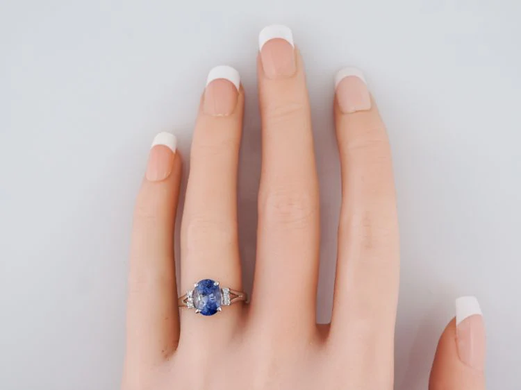Vintage Engagement Ring Mid-Century 3.32 Oval Cut Sapphire in 14k White Gold - Image 7