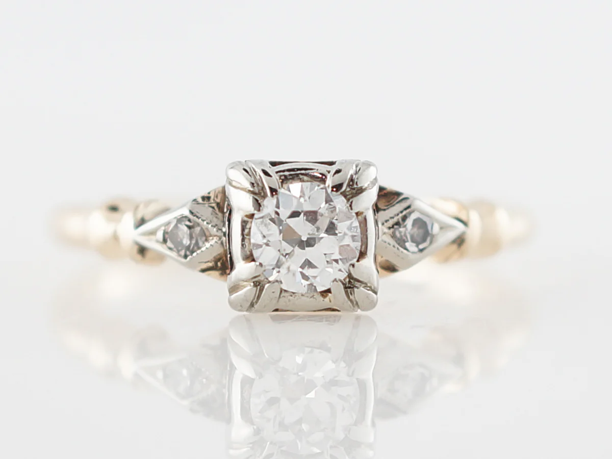 Vintage Engagement Ring Retro .29 Transitional Cut Diamond in 14k Yellow &amp; White Gold