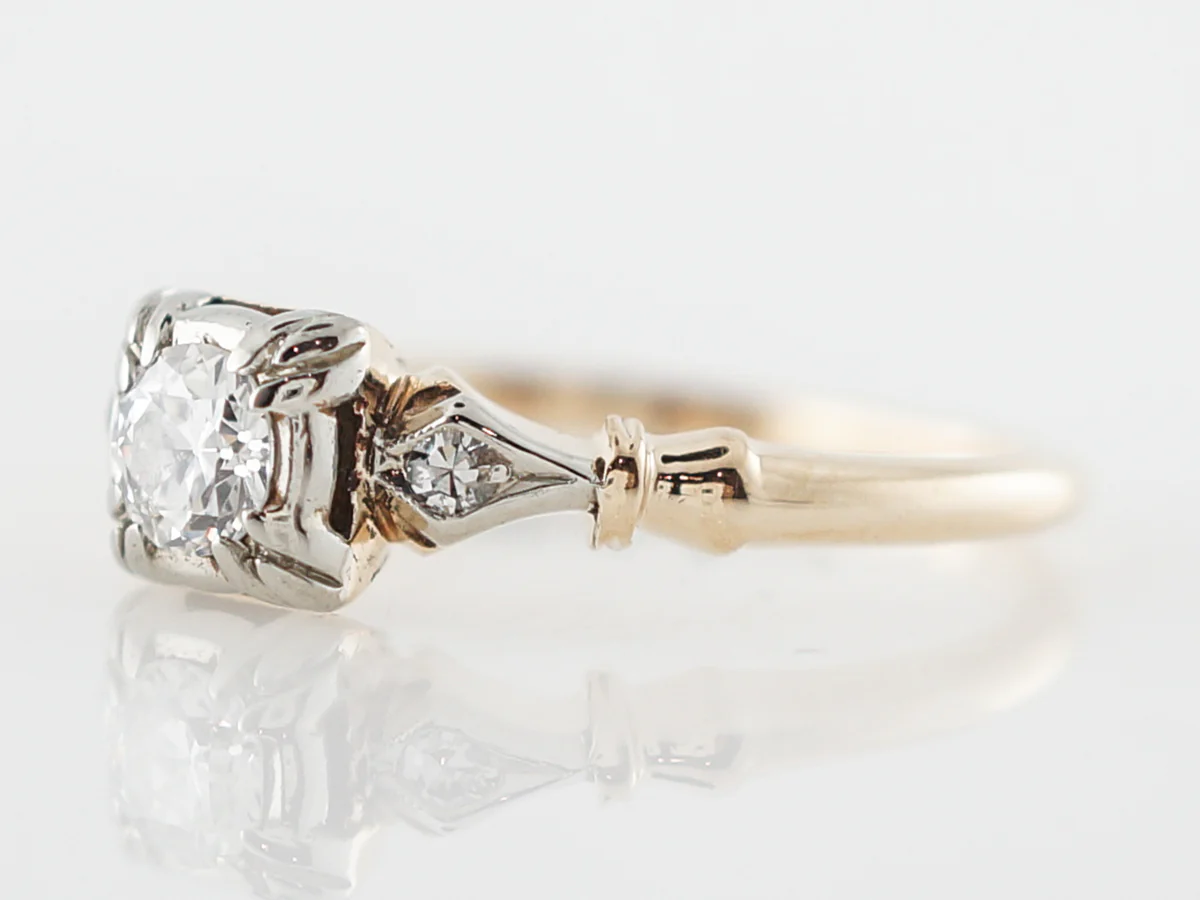 Vintage Engagement Ring Retro .29 Transitional Cut Diamond in 14k Yellow &amp; White Gold - Image 2