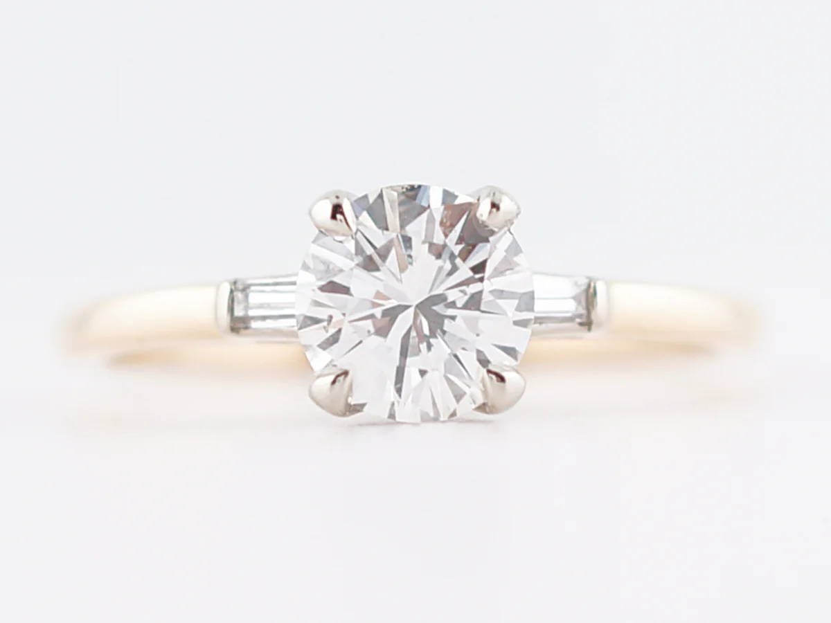 Vintage Engagement Ring Retro .87 Round Brilliant Cut Diamond in 14k Yellow Gold & Platinum