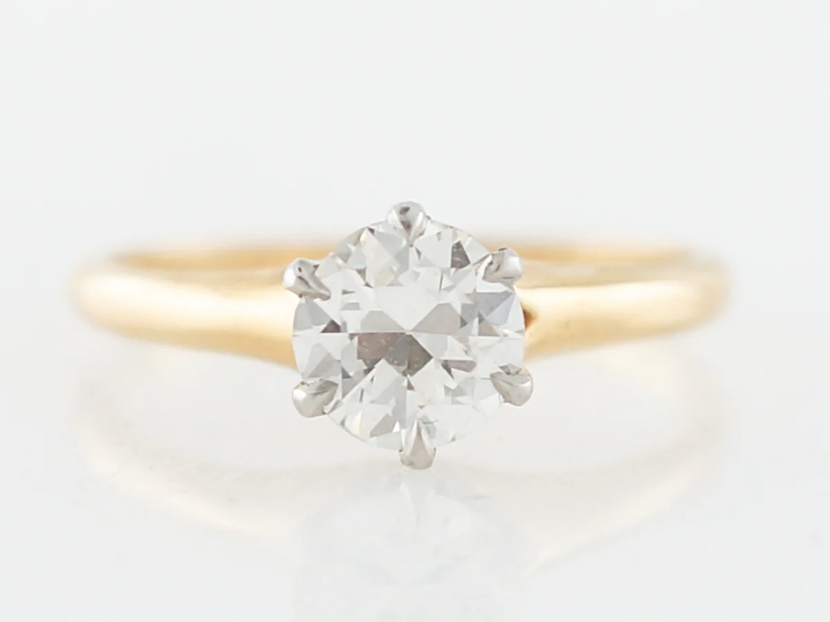 Vintage Engagement Ring Retro GIA .81 Transitional Cut Diamond in 18k Yellow Gold