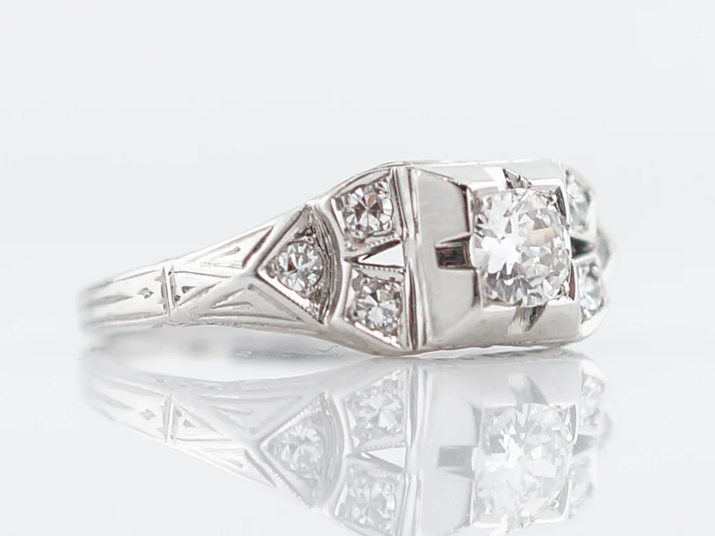 Vintage Engraved Filigree Diamond Engagement Ring in 18k - Image 2