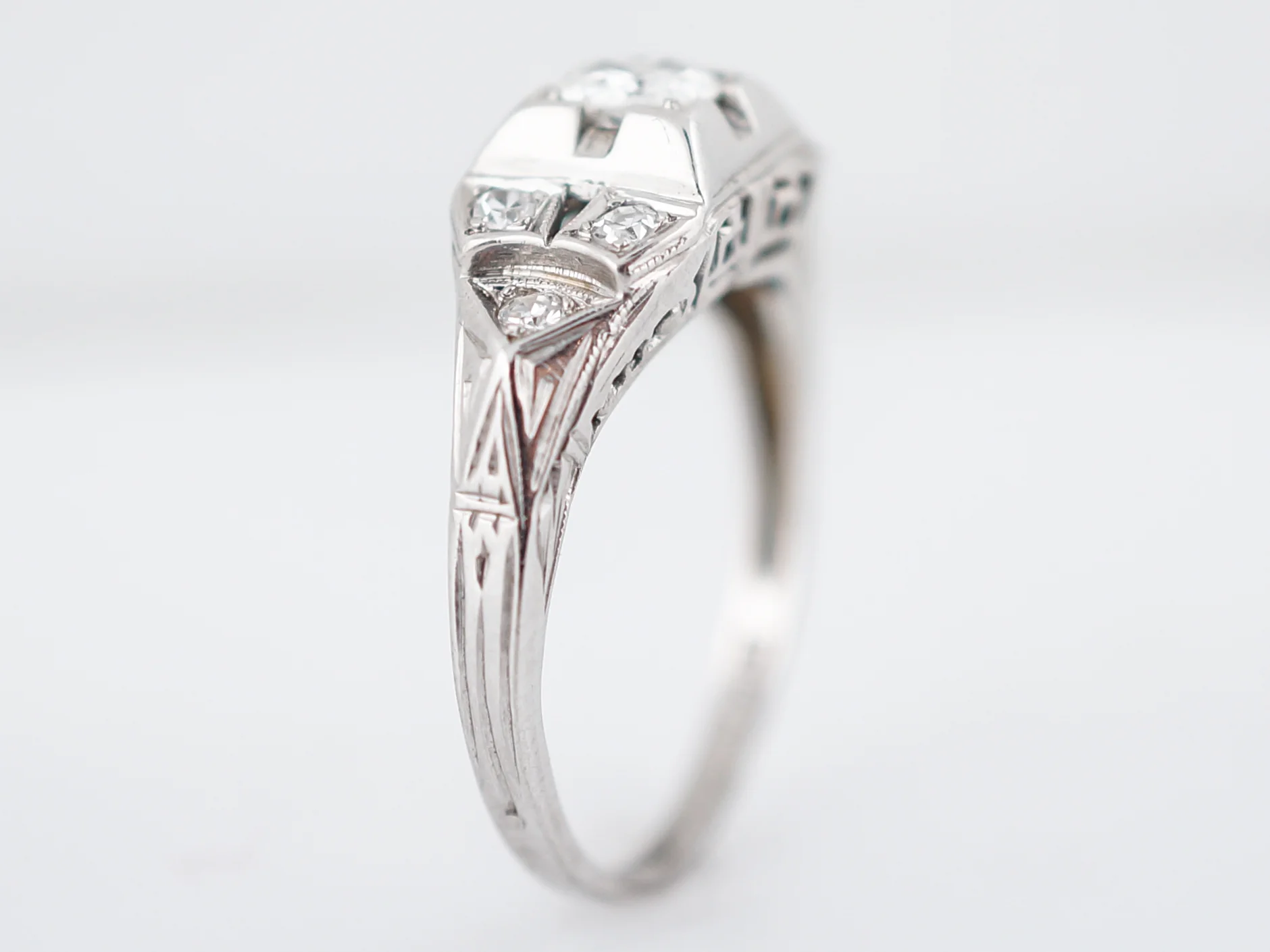 Vintage Engraved Filigree Diamond Engagement Ring in 18k - Image 5