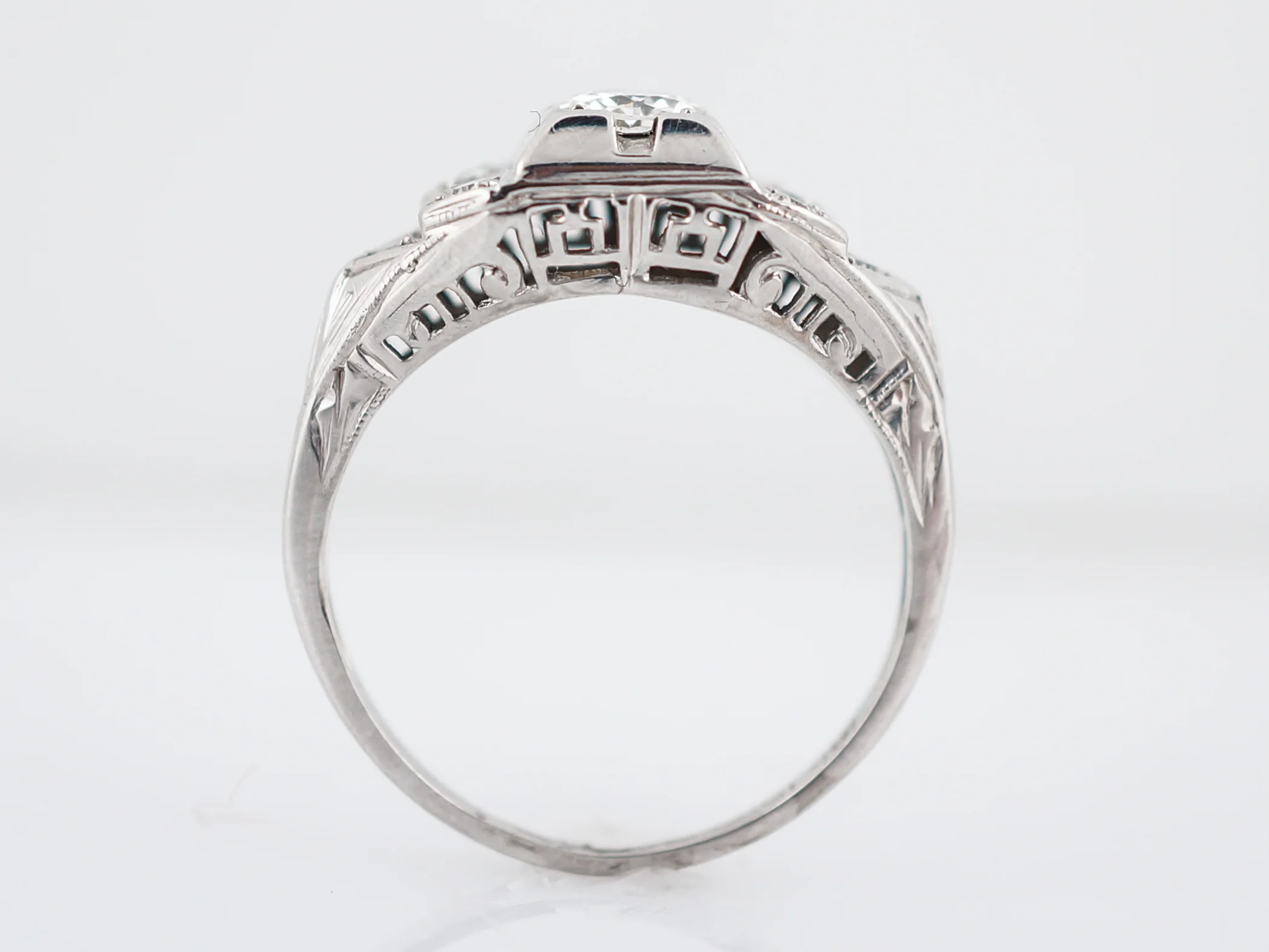Vintage Engraved Filigree Diamond Engagement Ring in 18k - Image 6