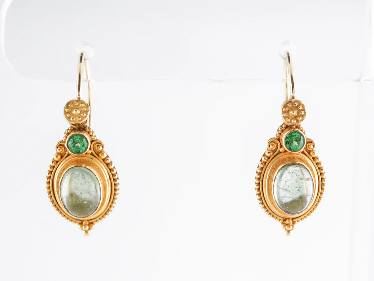 Vintage Etruscan Style Earrings w/ Emerald & Tourmaline in 22k
