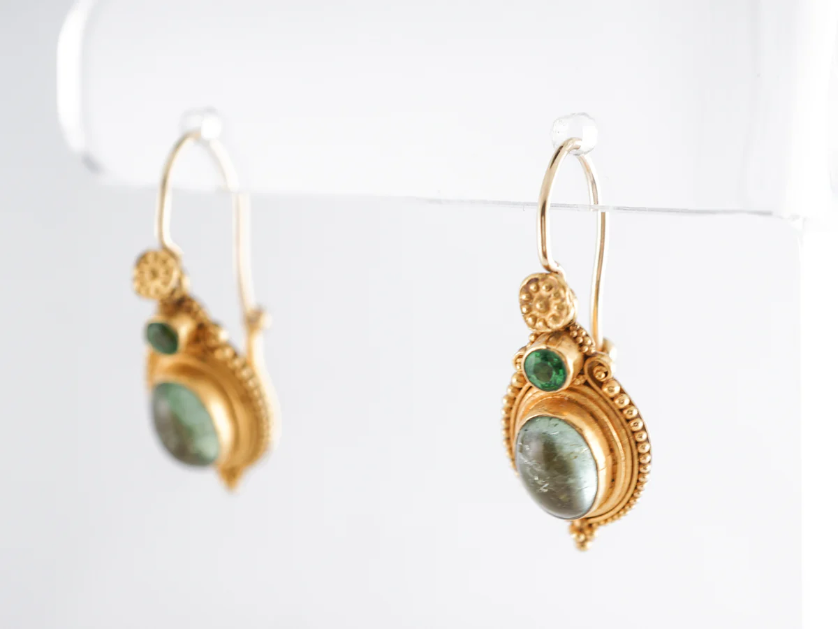 Vintage Etruscan Style Earrings w/ Emerald & Tourmaline in 22k - Image 2