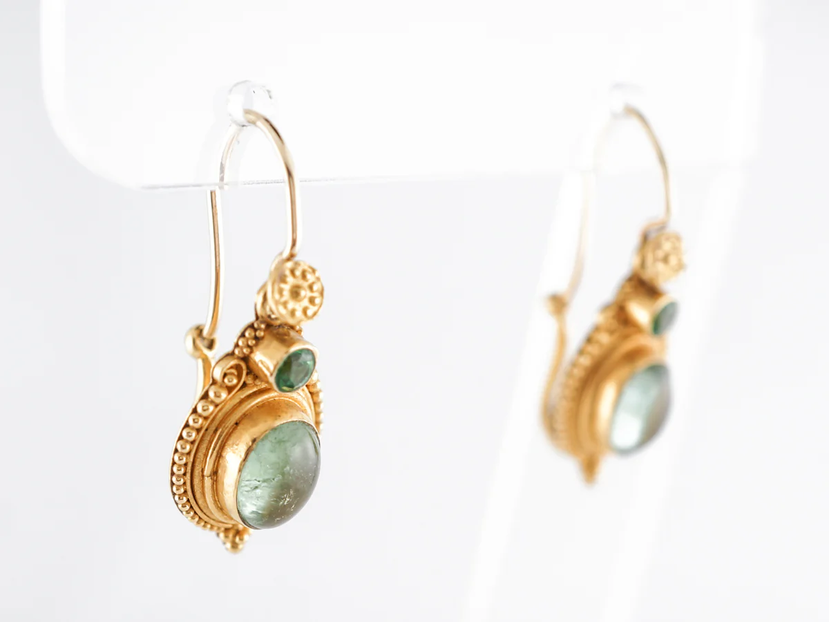 Vintage Etruscan Style Earrings w/ Emerald & Tourmaline in 22k - Image 3