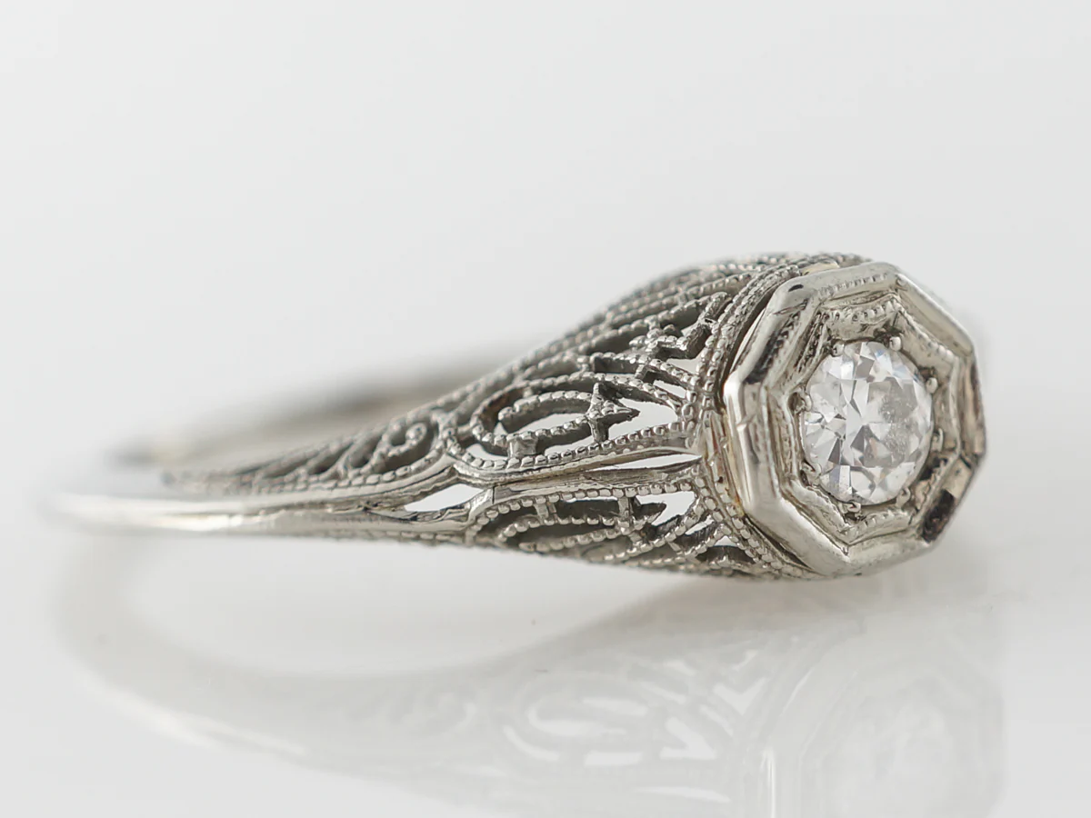 Vintage European Diamond & Filigree Engagement Ring in 14k - Image 3