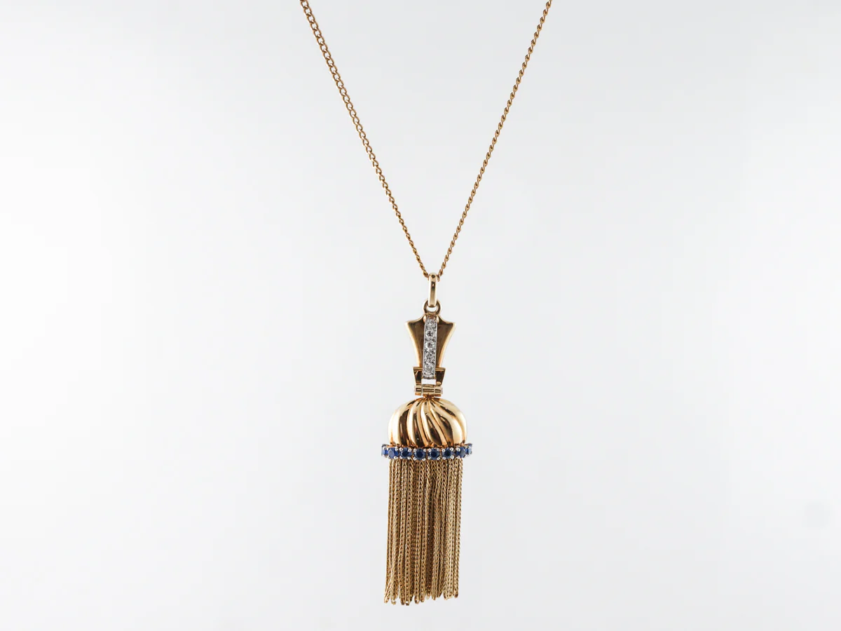 Vintage French Retro Diamond & Sapphire Tassel Pendant in Yellow Gold
