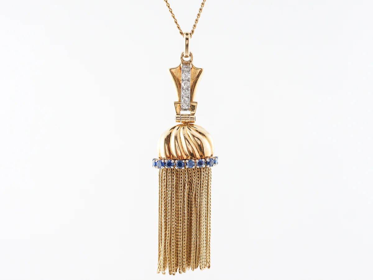 Vintage French Retro Diamond & Sapphire Tassel Pendant in Yellow Gold - Image 2
