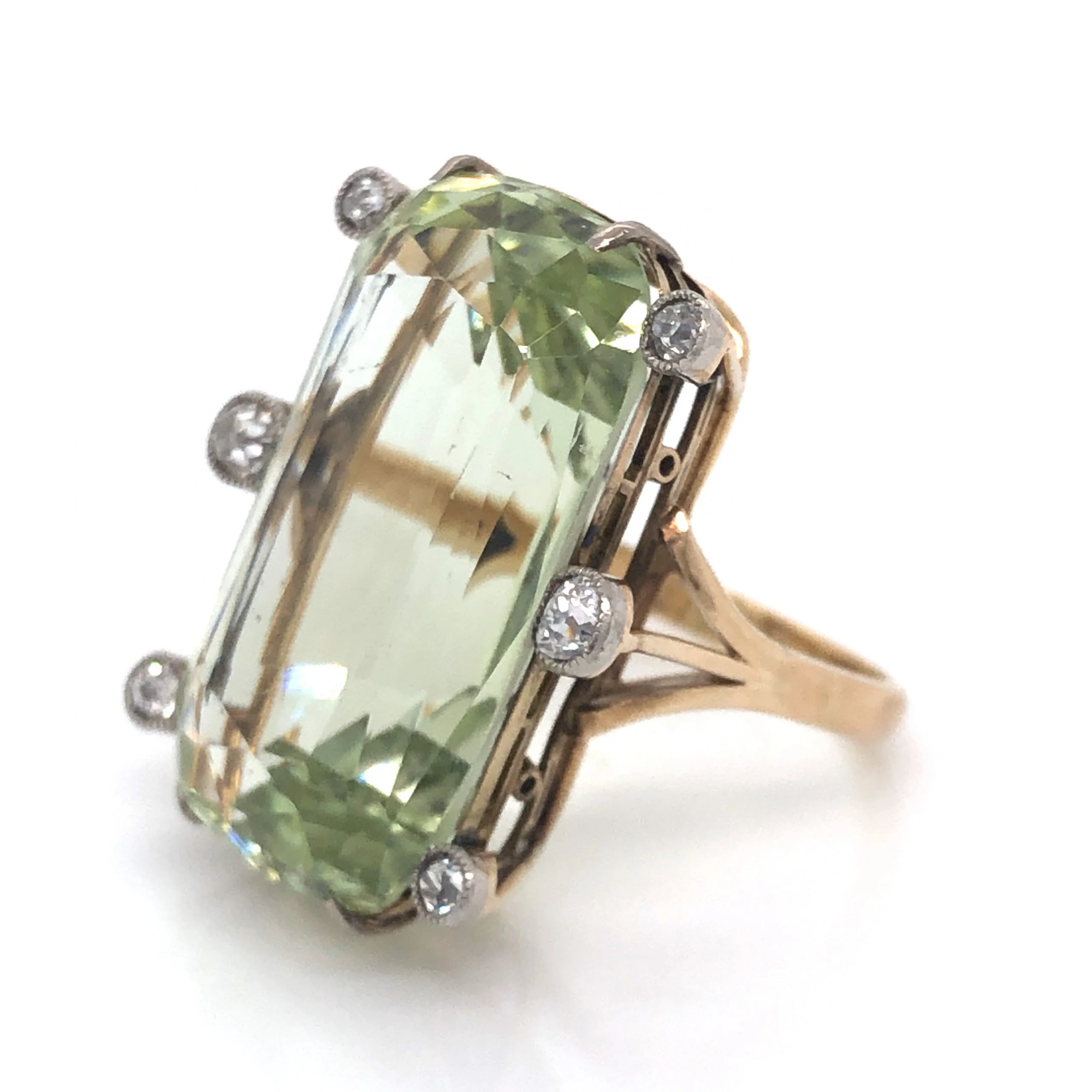 Vintage Green Beryl & Diamond Ring in 14k Yellow Gold - Image 2