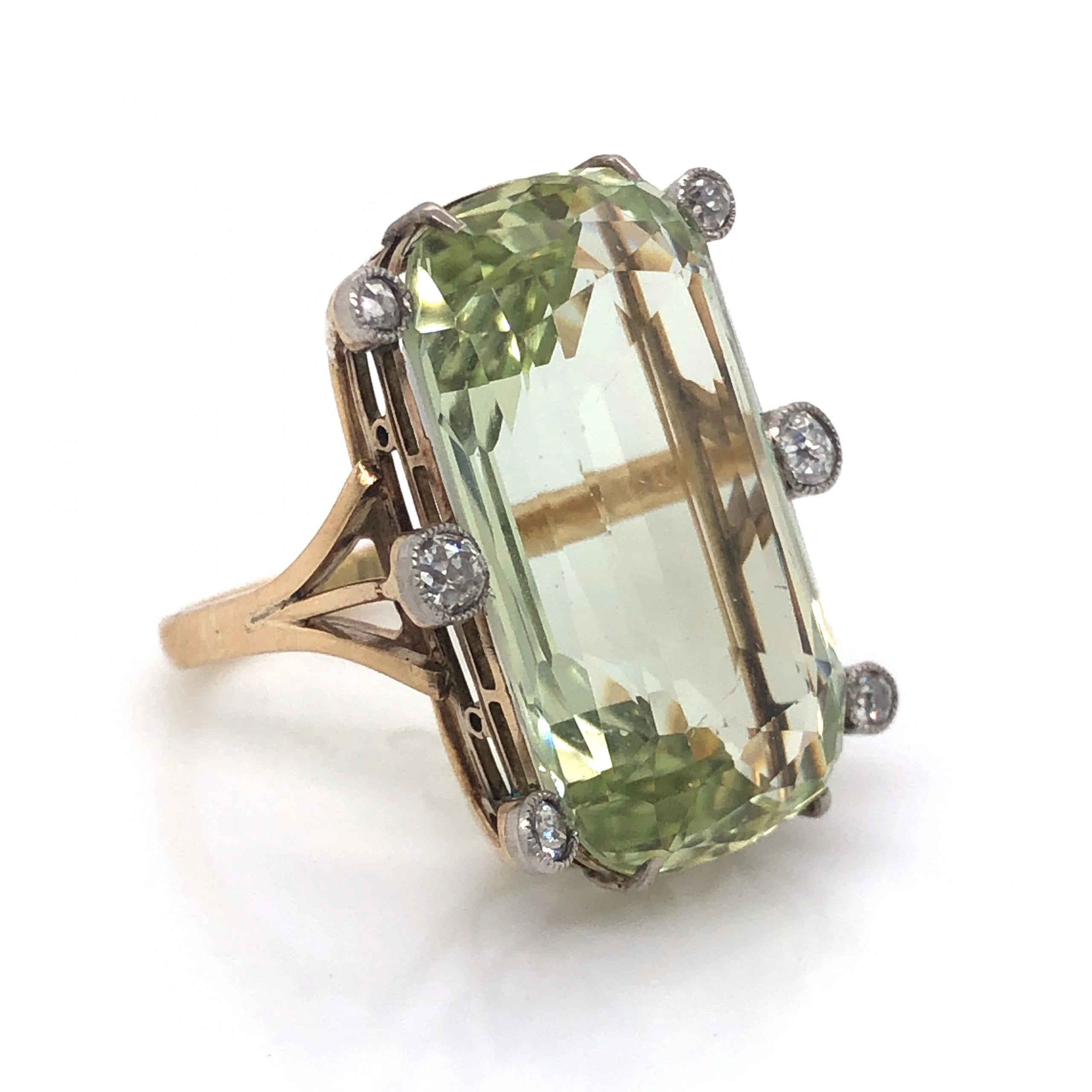 Vintage Green Beryl & Diamond Ring in 14k Yellow Gold - Image 3
