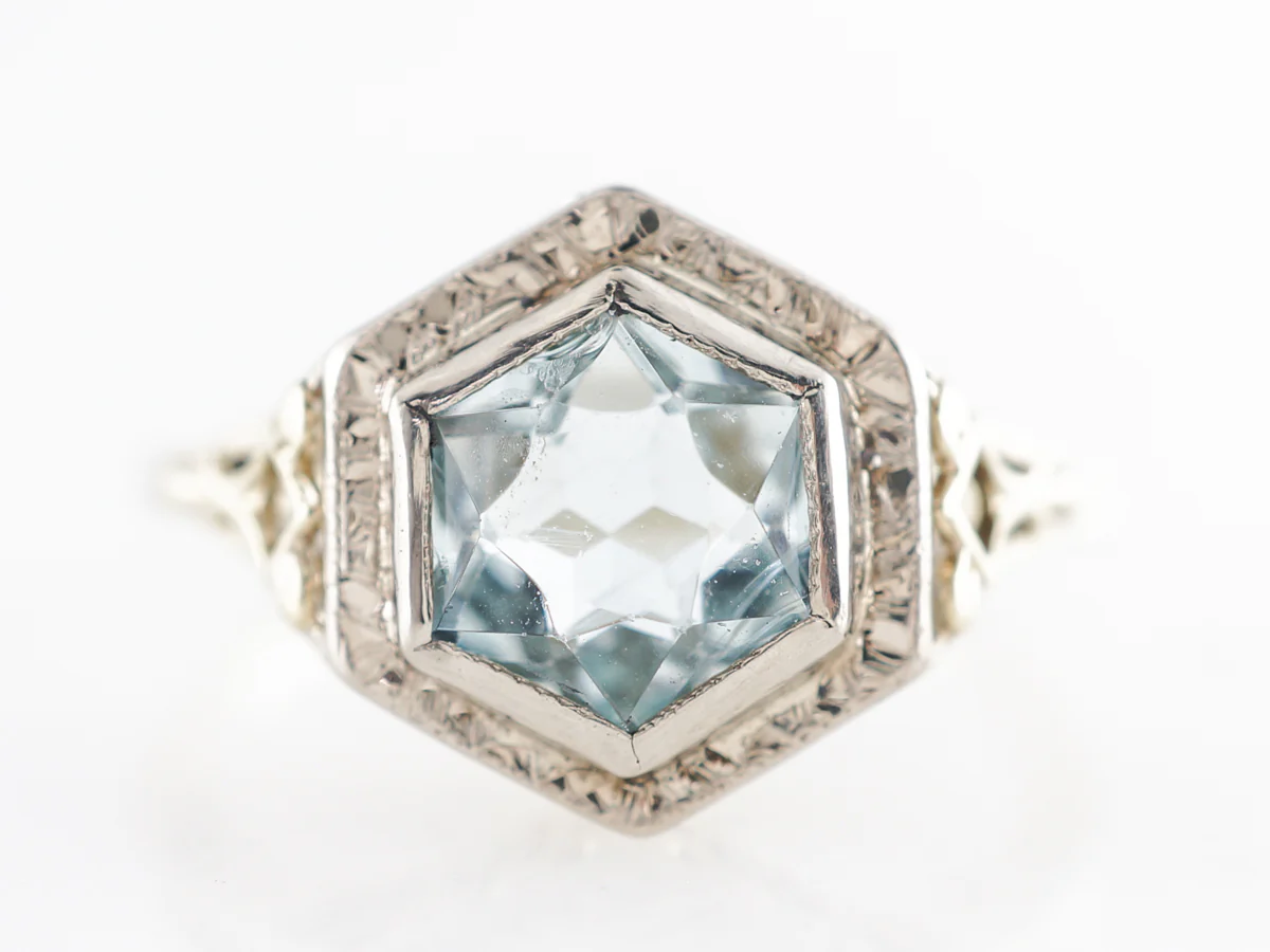 Vintage Hexagon Cut Aquamarine Ring 14k Yellow Gold