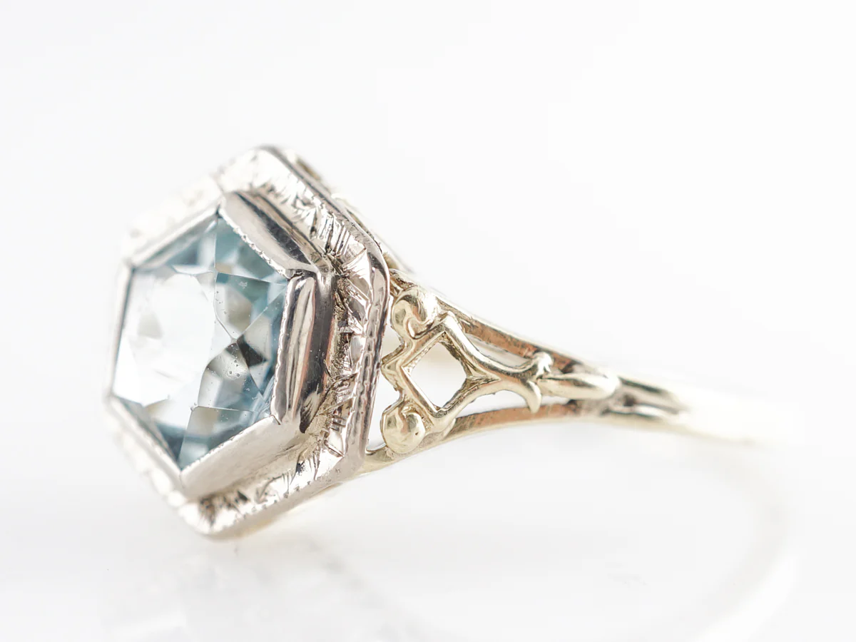 Vintage Hexagon Cut Aquamarine Ring 14k Yellow Gold - Image 2