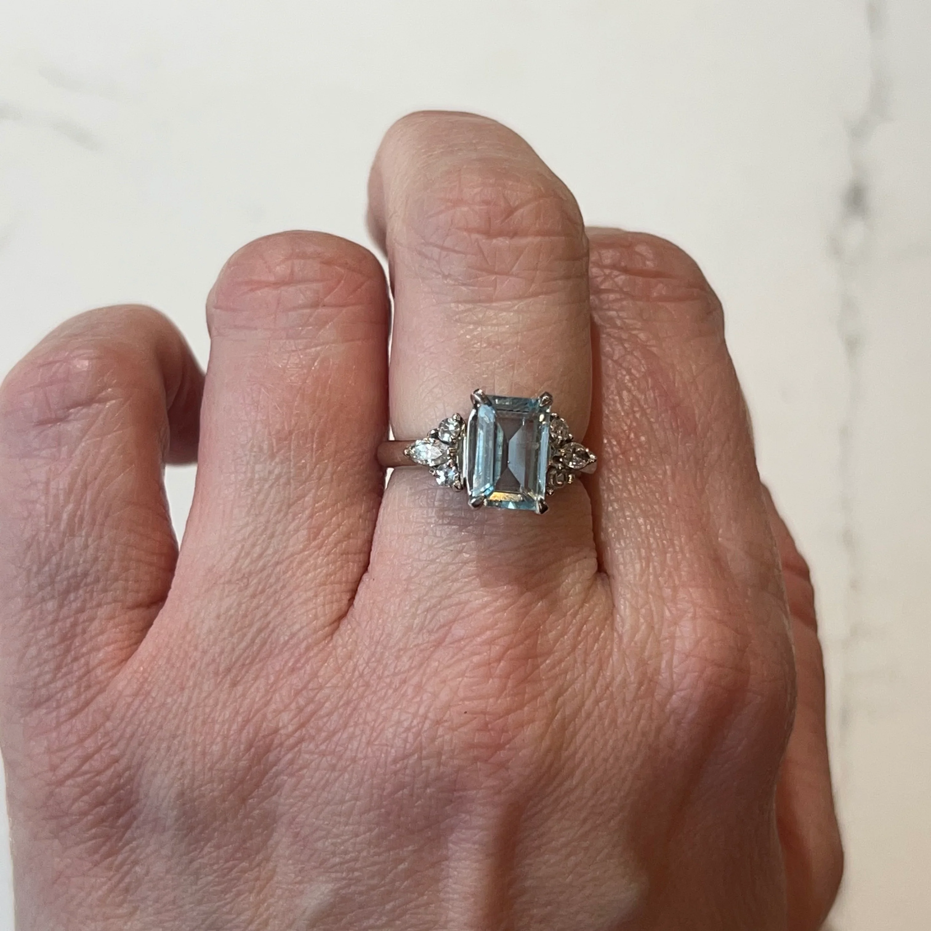 Vintage Inspired Aquamarine & Diamond Ring in Platinum - Image 6