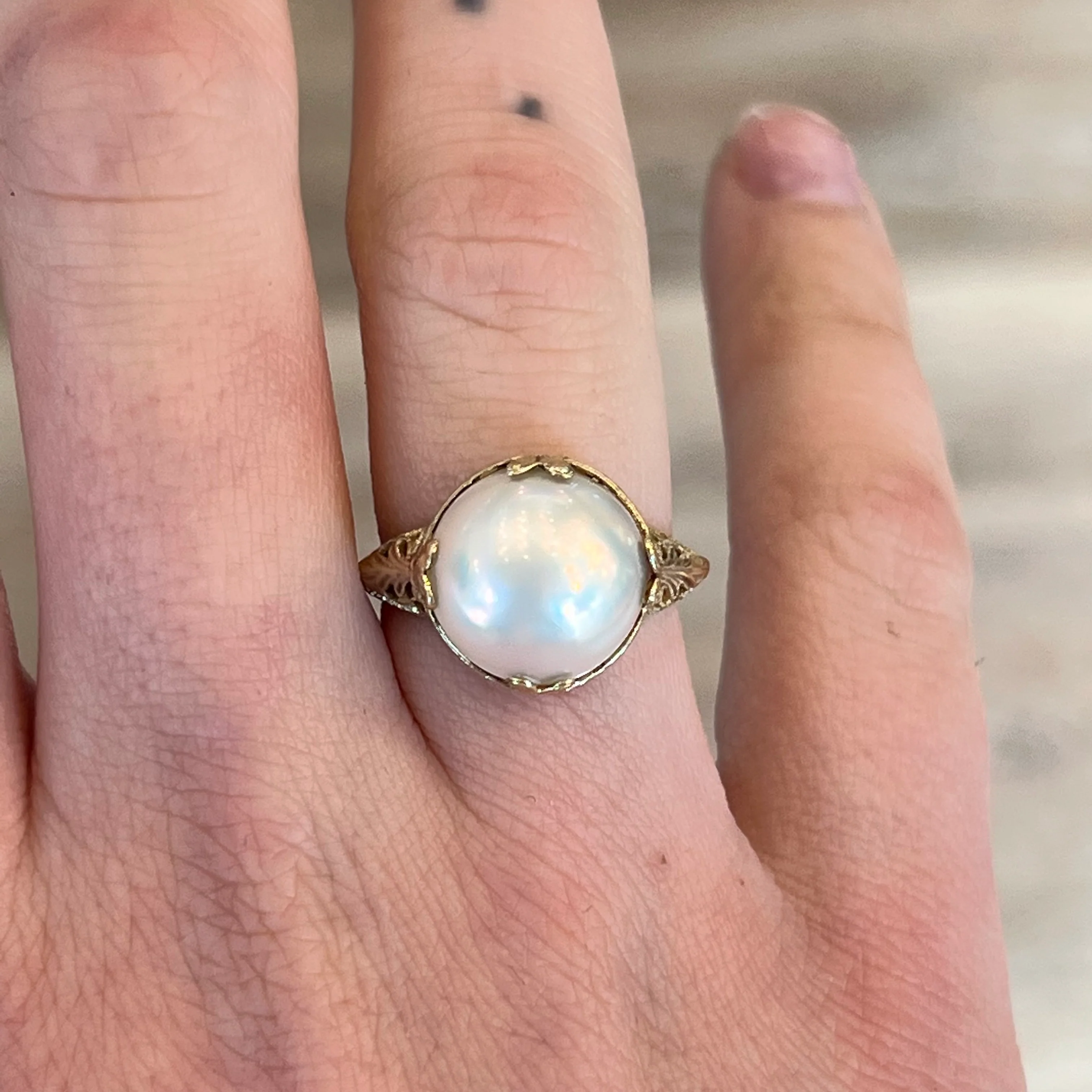 Vintage Inspired Mabe Pearl Ring in 14k Yellow Gold - Image 6