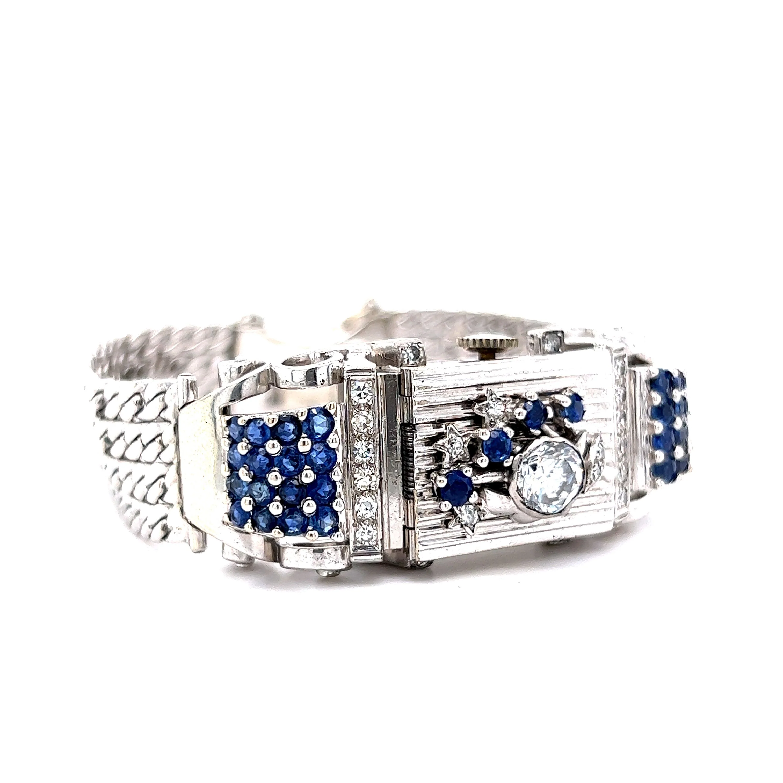 Vintage Lucien Piccard Diamond & Sapphire Watch in 14k White Gold - Image 3