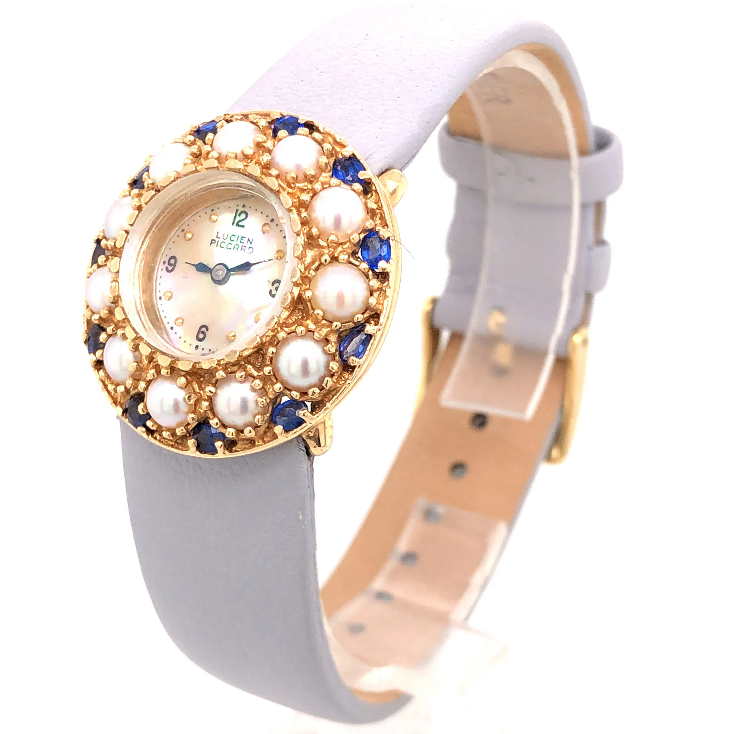 Vintage Lucien Piccard Sapphire & Pearl Watch in 14k Yellow Gold - Image 2