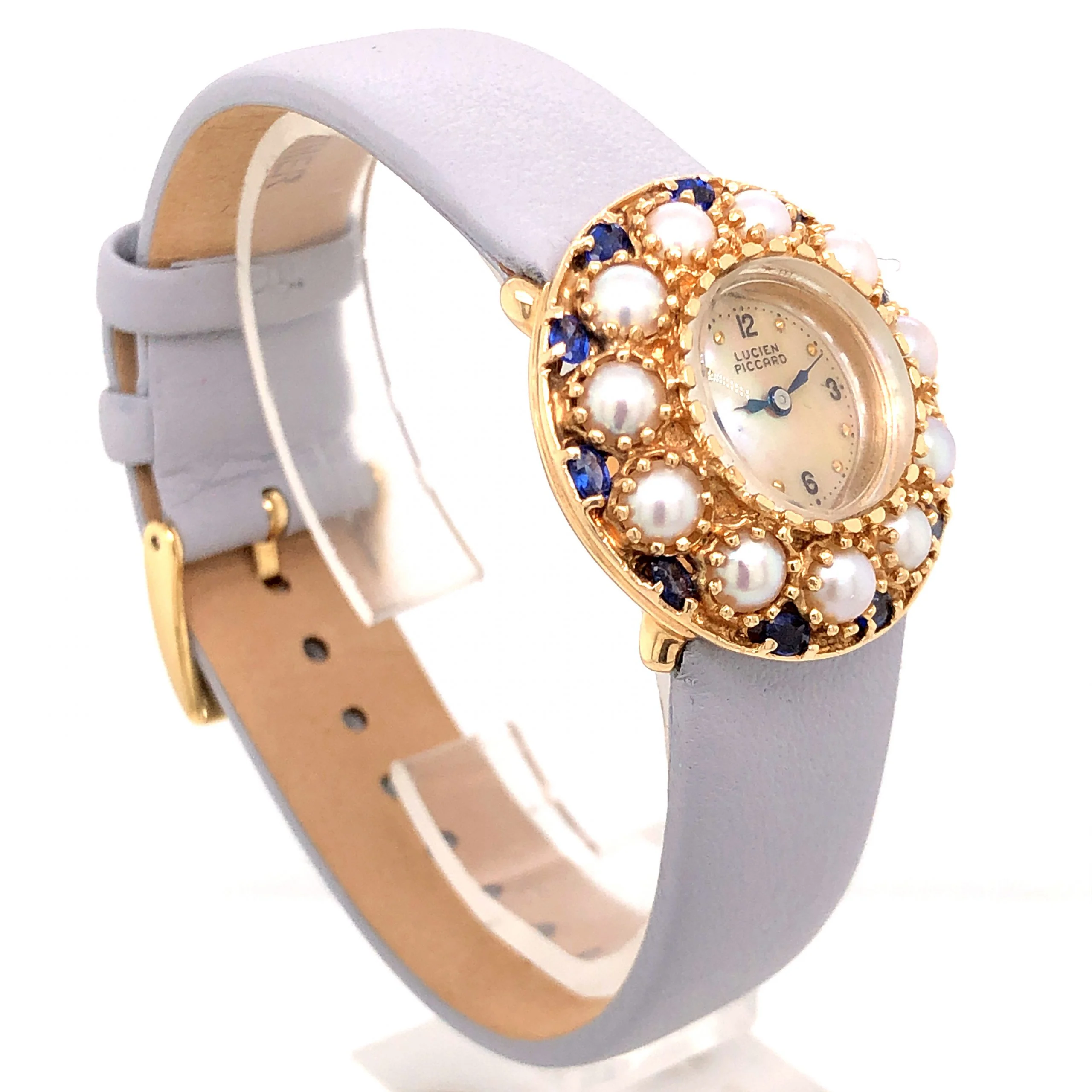 Vintage Lucien Piccard Sapphire & Pearl Watch in 14k Yellow Gold - Image 3