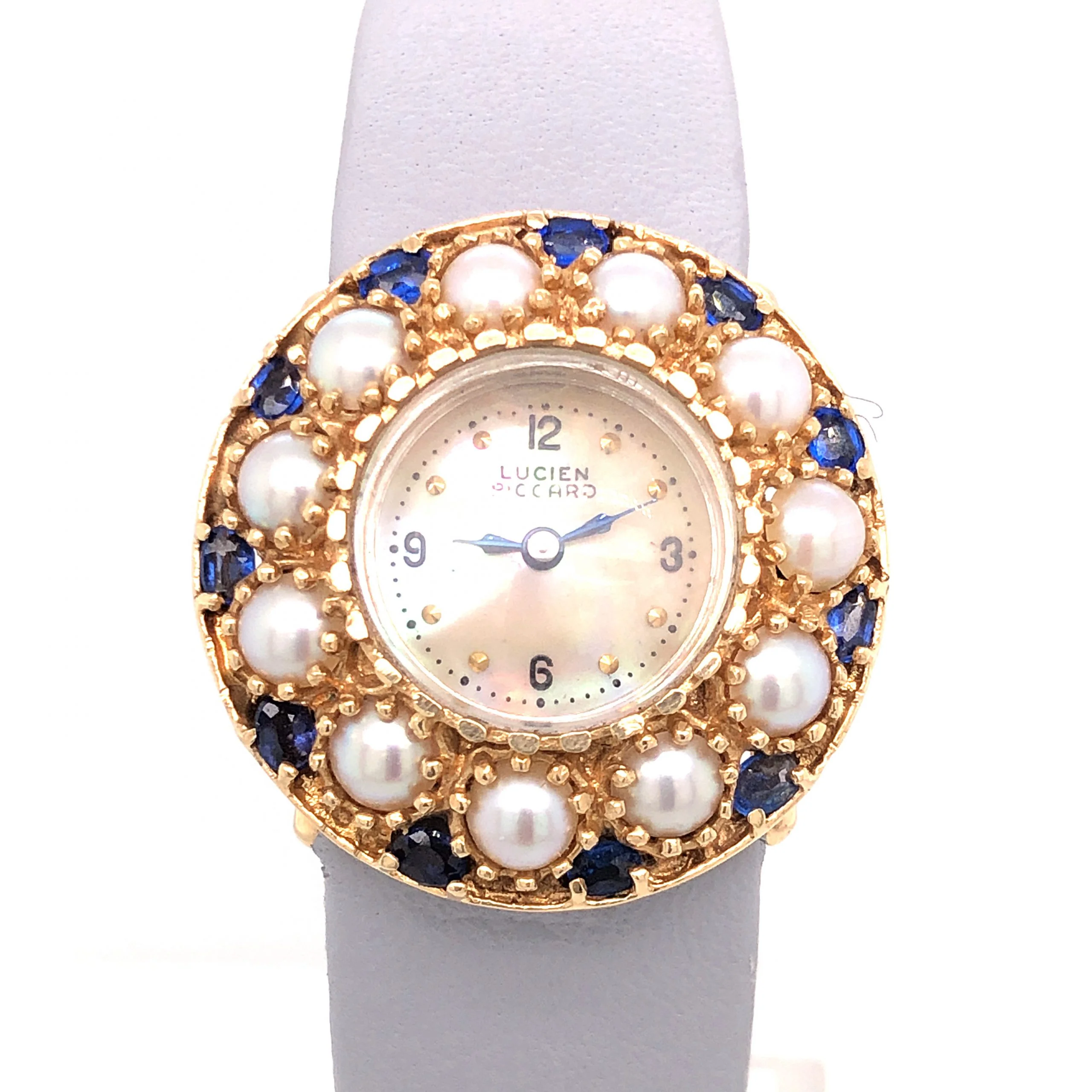 Vintage Lucien Piccard Sapphire & Pearl Watch in 14k Yellow Gold - Image 4