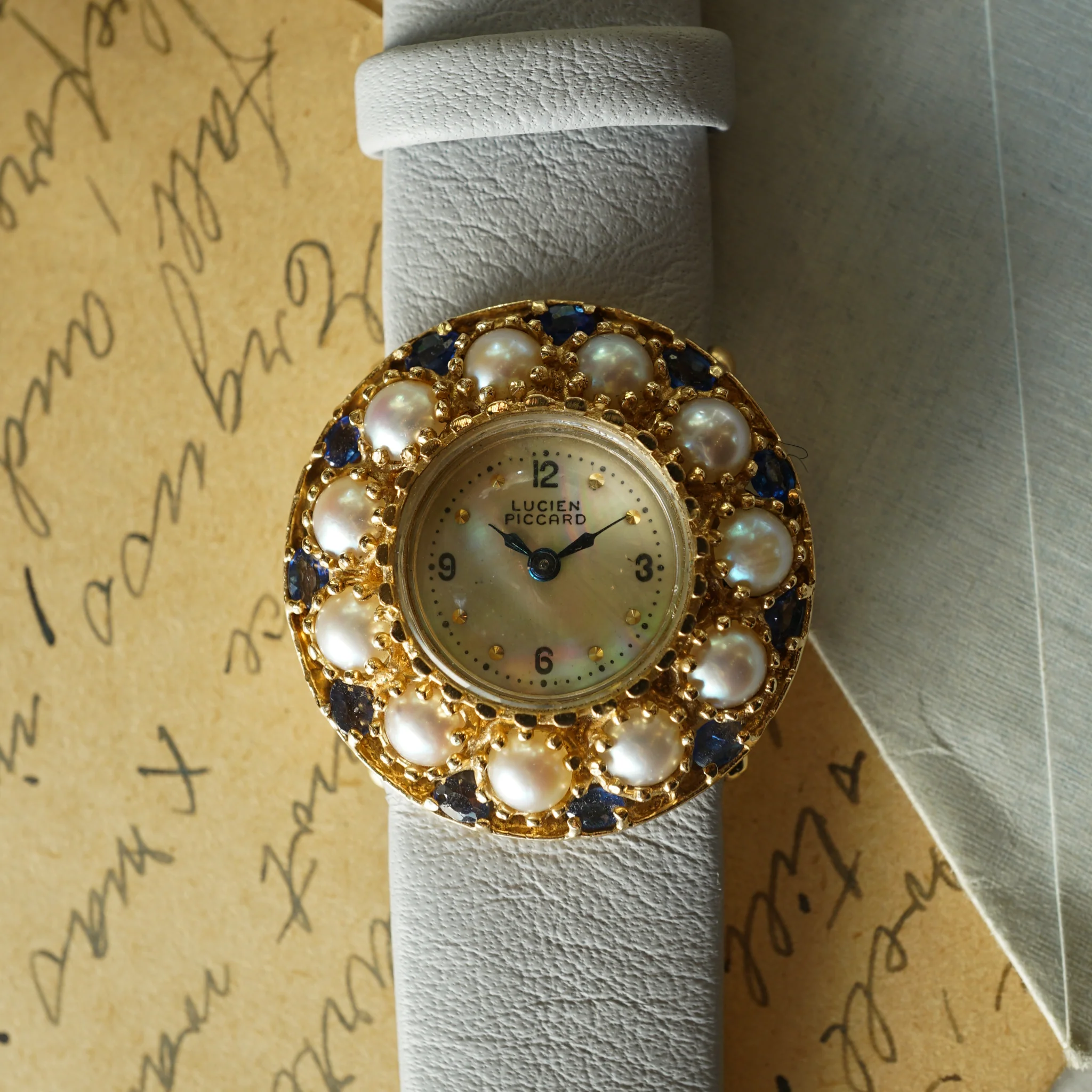 Vintage Lucien Piccard Sapphire & Pearl Watch in 14k Yellow Gold - Image 6