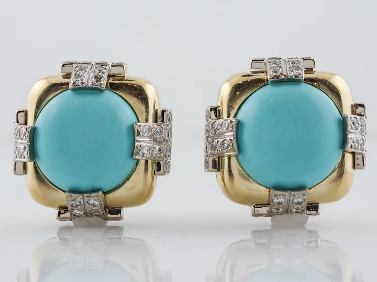Vintage Mid-Century Earrings Cabochon Cut Turquoise & 2.56 Round Brilliant Cut Diamonds in 18k Yellow Gold