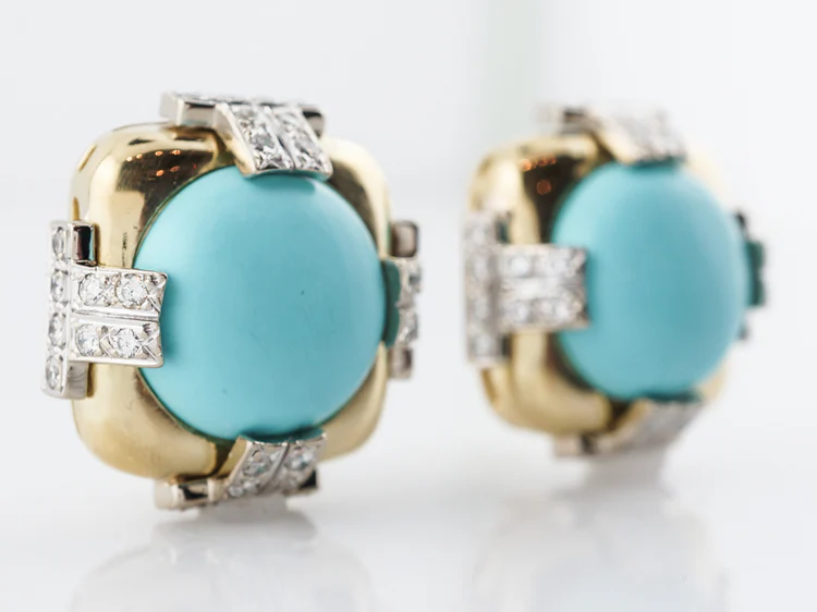 Vintage Mid-Century Earrings Cabochon Cut Turquoise & 2.56 Round Brilliant Cut Diamonds in 18k Yellow Gold - Image 2