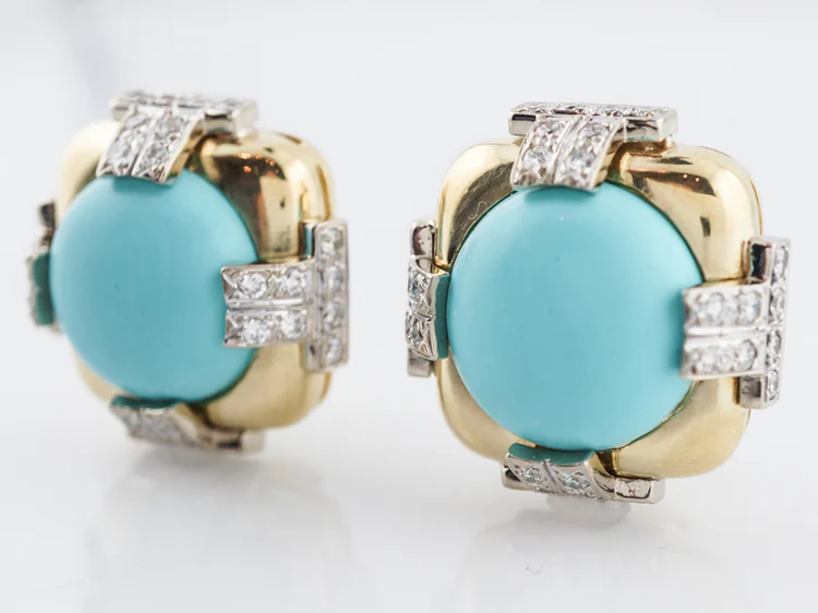 Vintage Mid-Century Earrings Cabochon Cut Turquoise & 2.56 Round Brilliant Cut Diamonds in 18k Yellow Gold - Image 3
