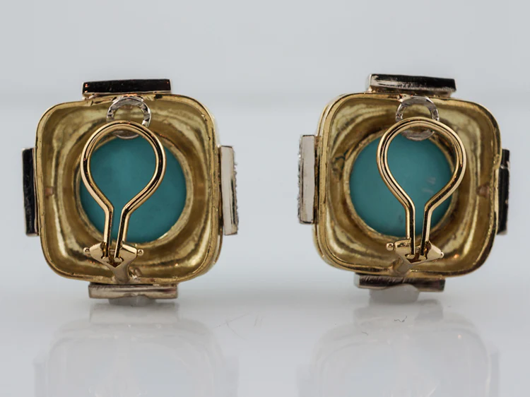 Vintage Mid-Century Earrings Cabochon Cut Turquoise & 2.56 Round Brilliant Cut Diamonds in 18k Yellow Gold - Image 4