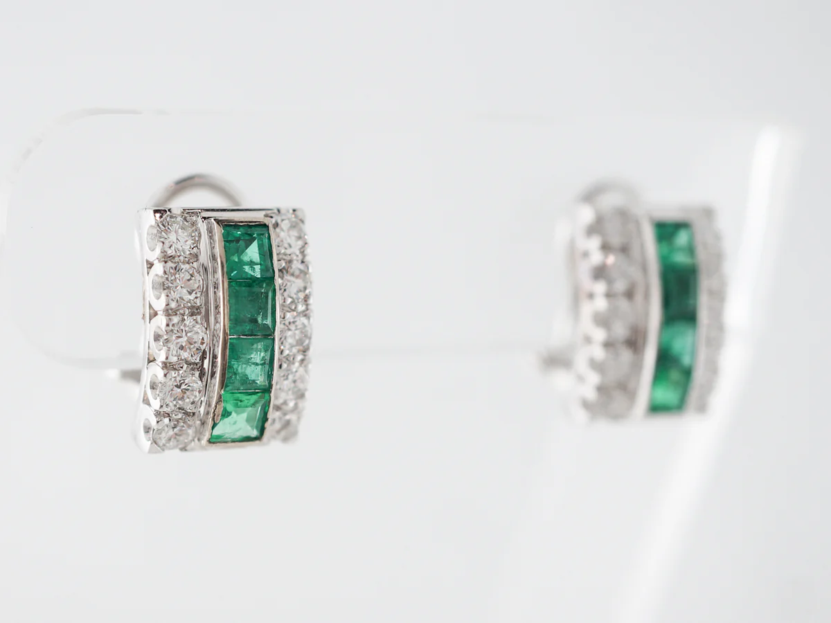 Vintage Mid-Century Emerald and Diamond Earrings in White Gold - Image 2