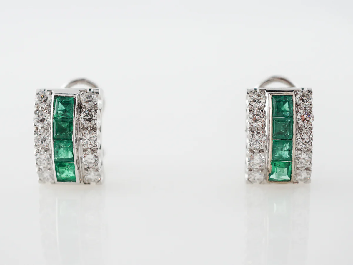 Vintage Mid-Century Emerald and Diamond Earrings in White Gold - Image 3